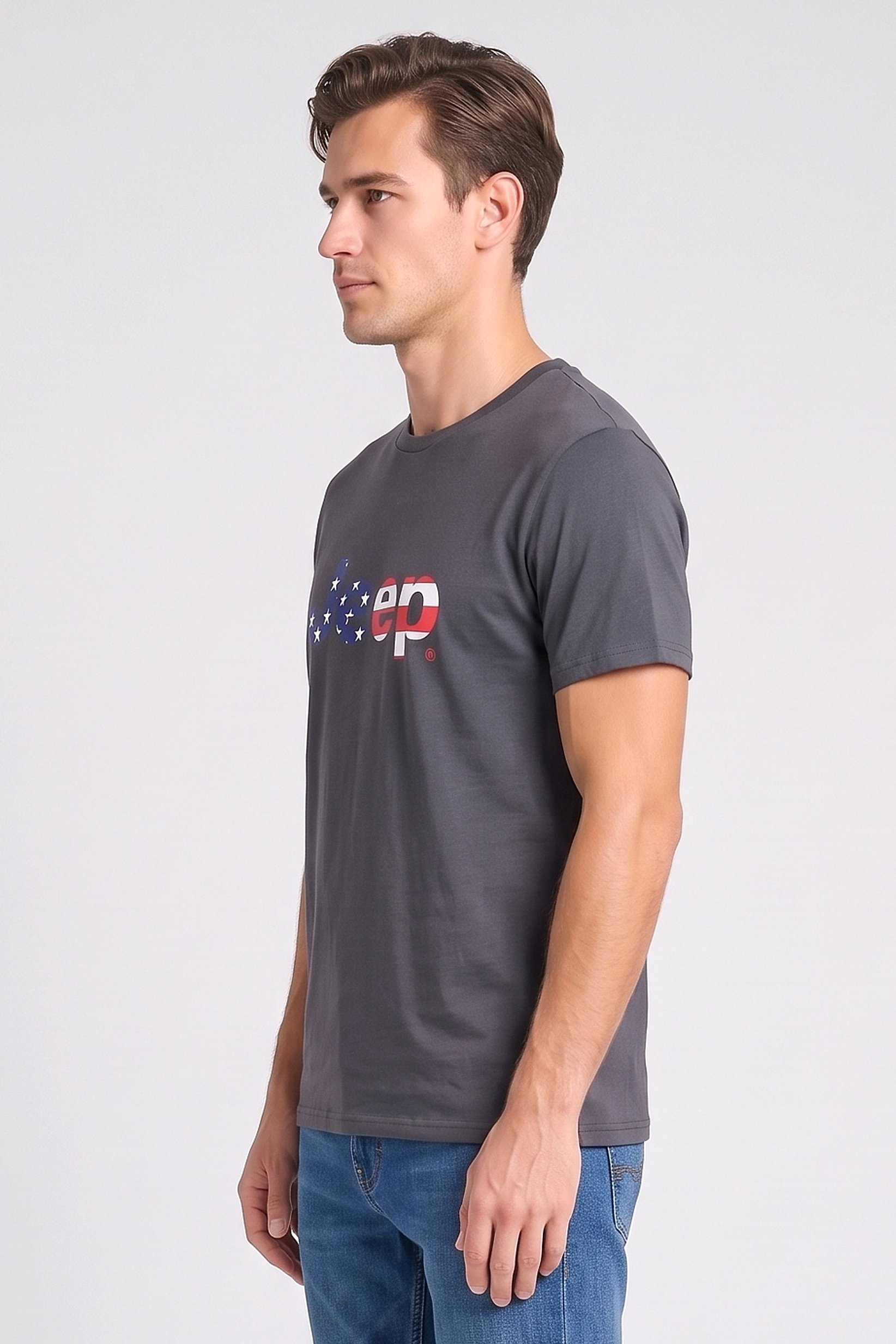 Men Crew Neck Short Sleeve Brand Logo T-Shirt, Dark Grey