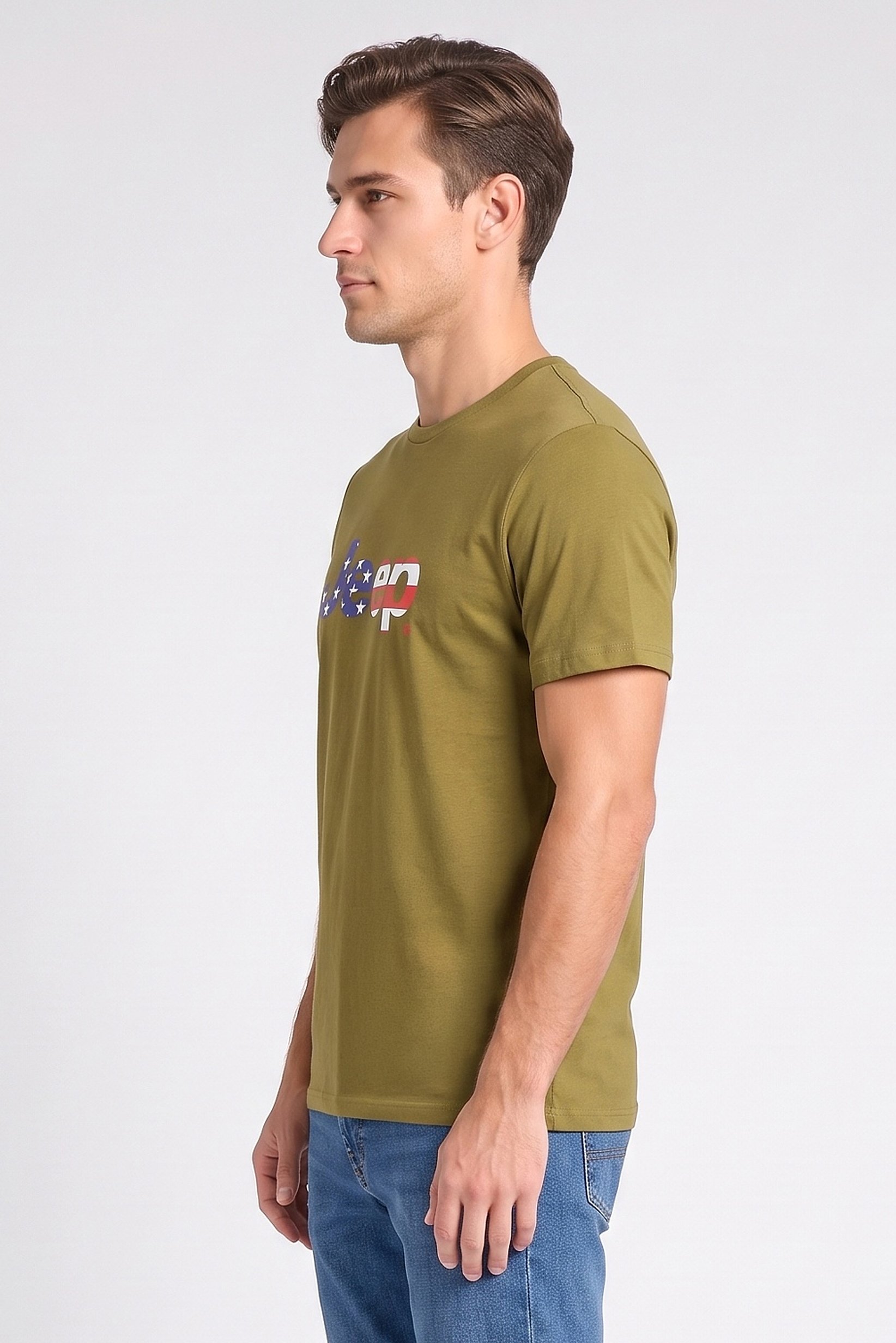 Men Crew Neck Short Sleeve Brand Logo T-Shirt, Olive