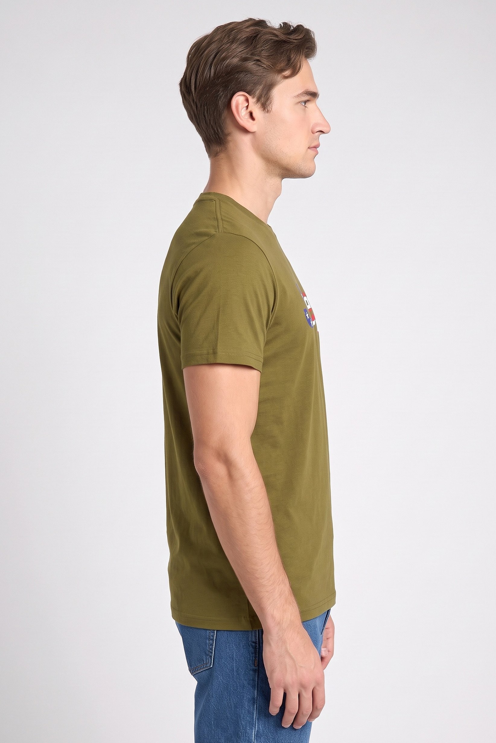 Men Crew Neck Short Sleeve Brand Logo T-Shirt, Olive