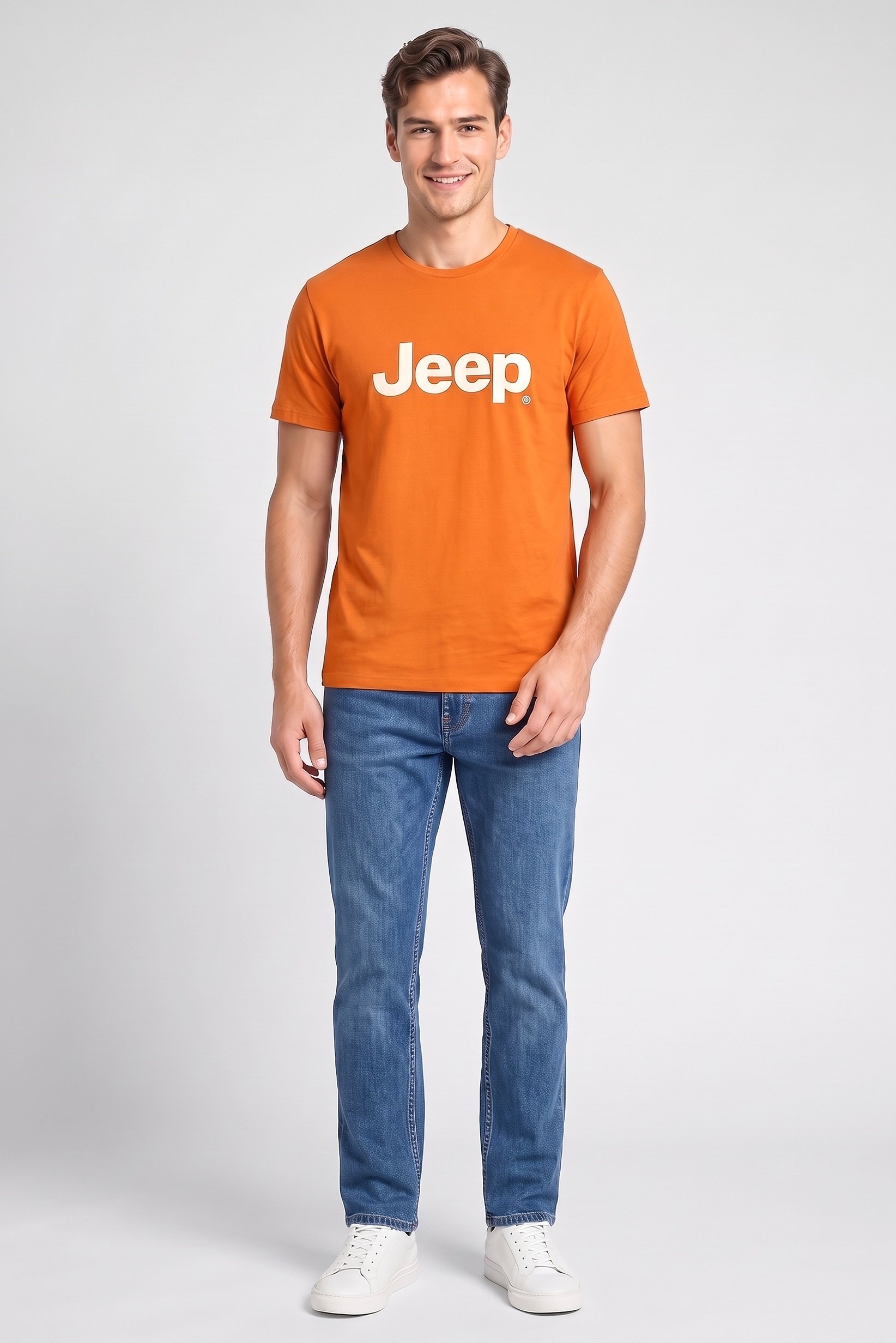 Men Crew Neck Short Sleeves Brand Logo T-Shirt, Orange