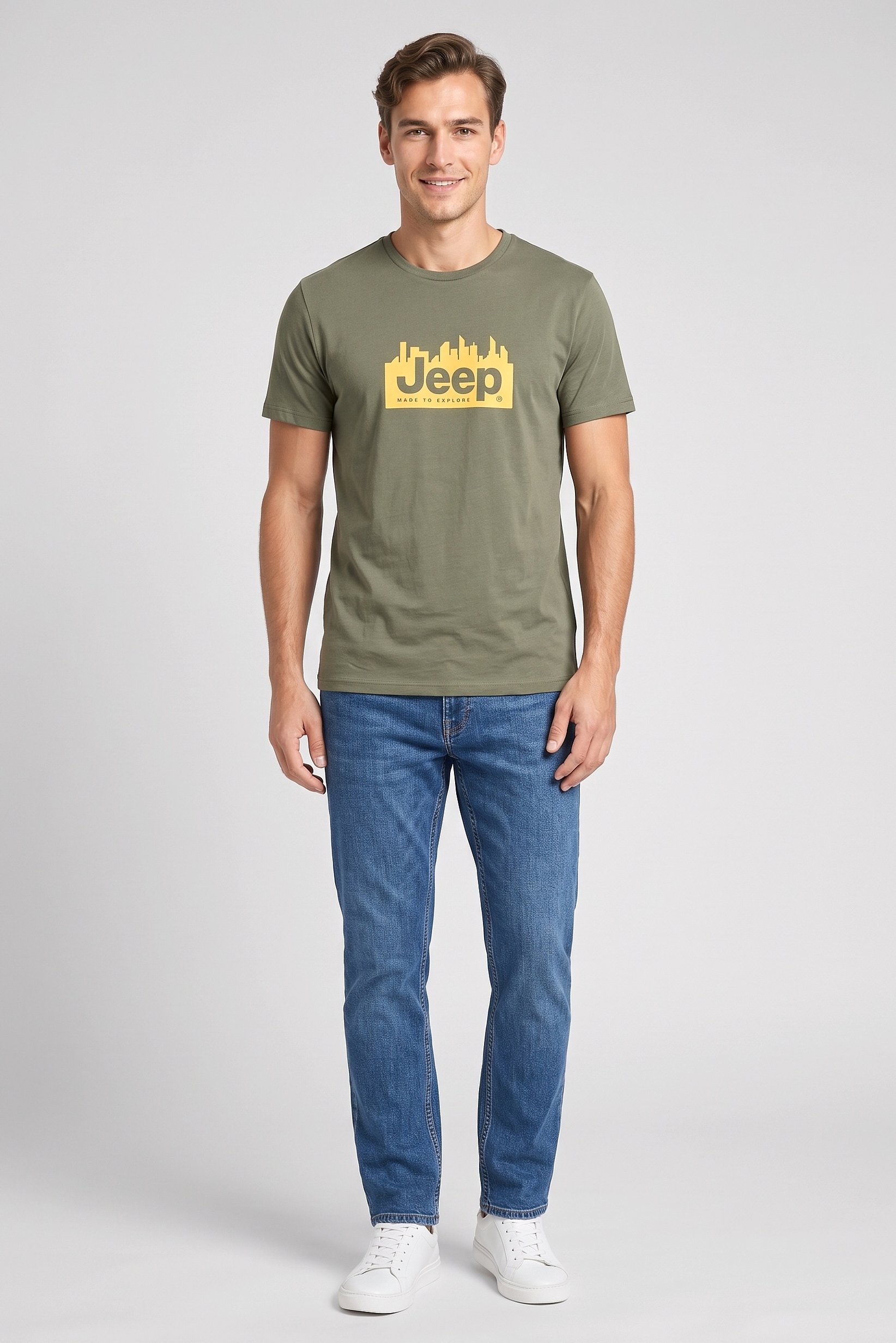 Men Crew Neck Short Sleeve Brand Logo T-Shirt, Olive