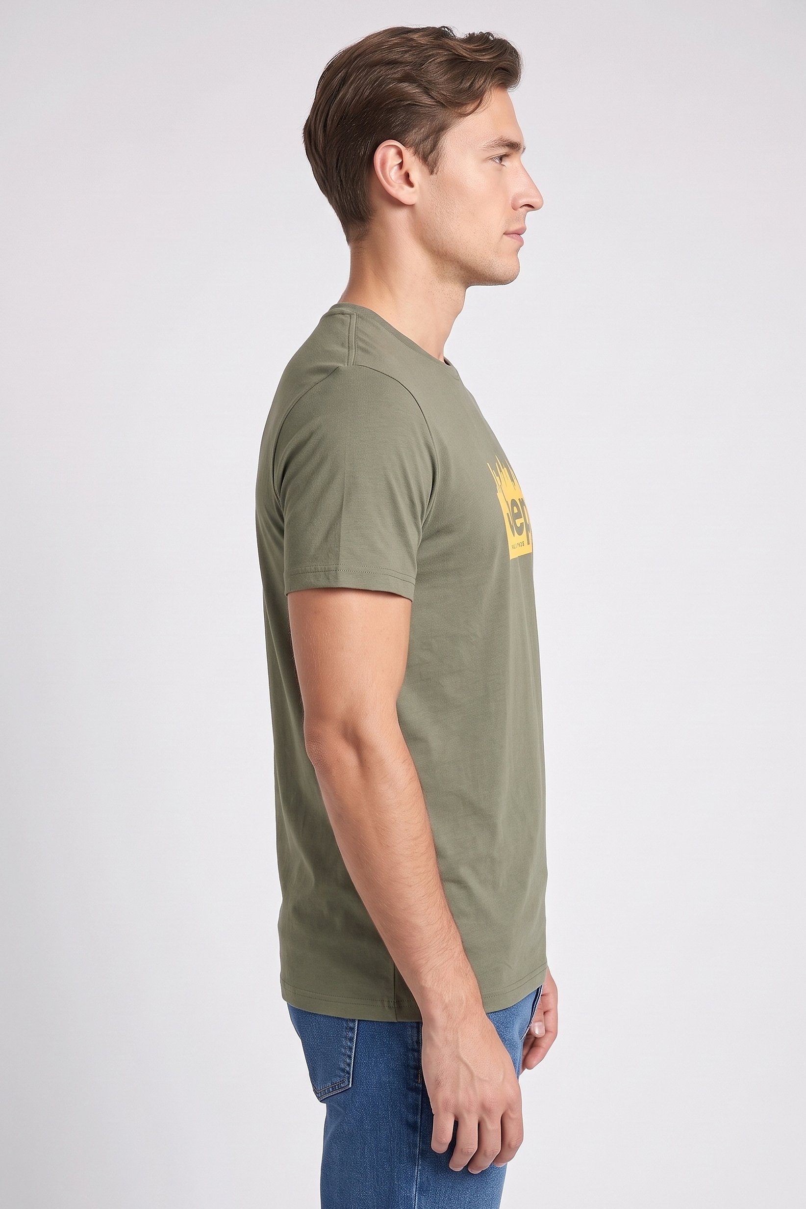 Men Crew Neck Short Sleeve Brand Logo T-Shirt, Olive