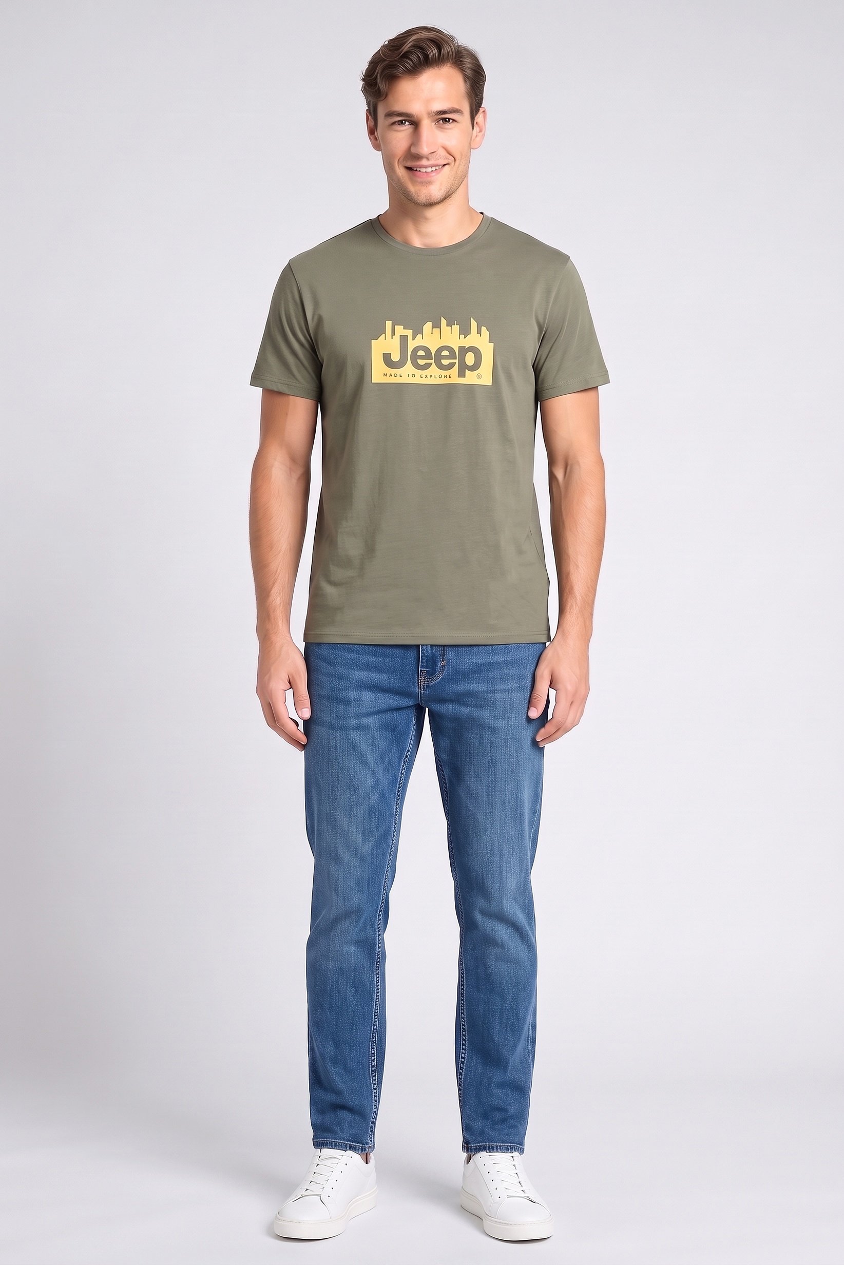 Men Crew Neck Short Sleeve Brand Logo T-Shirt, Olive