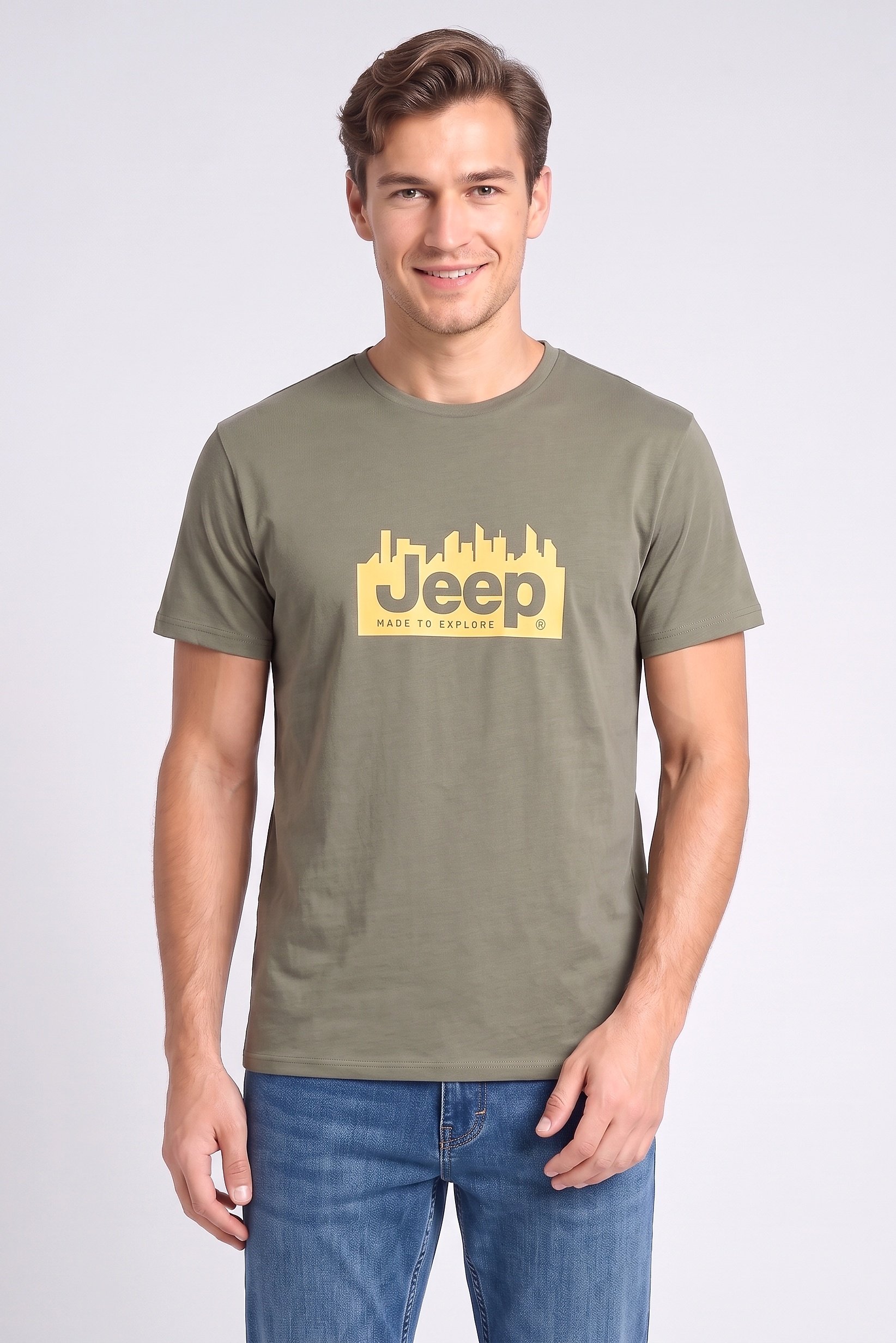 Men Crew Neck Short Sleeve Brand Logo T-Shirt, Olive