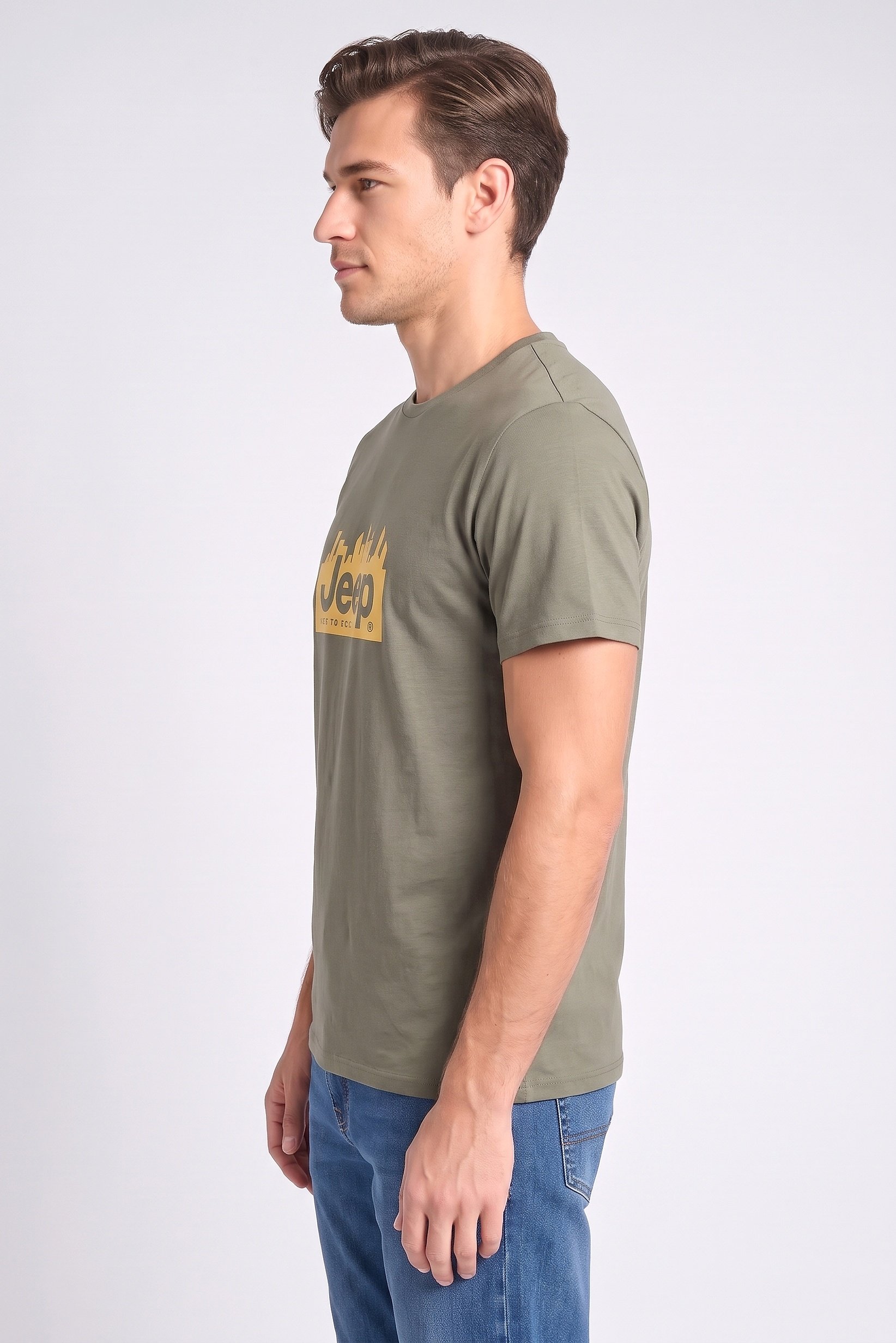 Men Crew Neck Short Sleeve Brand Logo T-Shirt, Olive