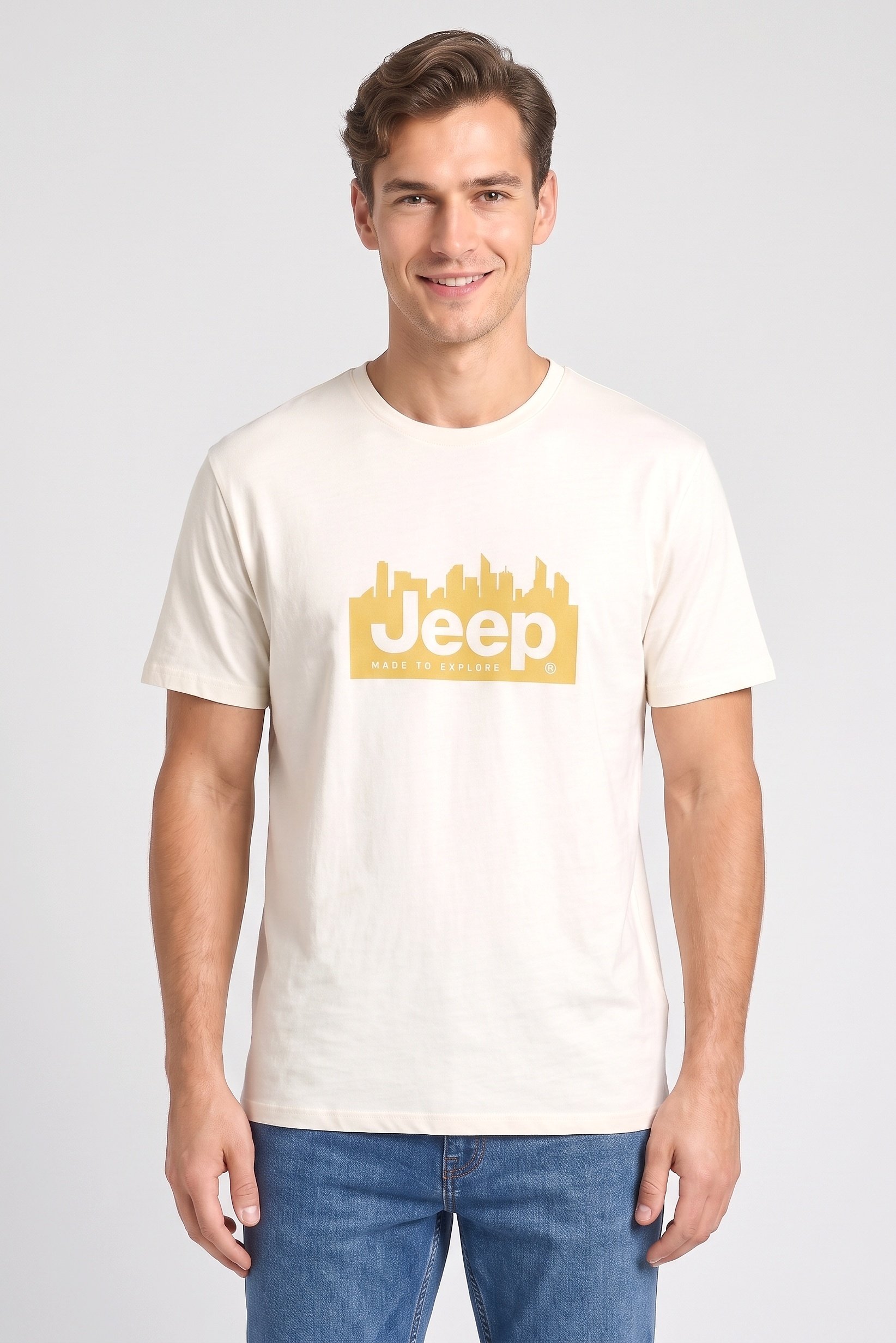 Men Crew Neck Short Sleeve Brand Logo T-Shirt, Cream