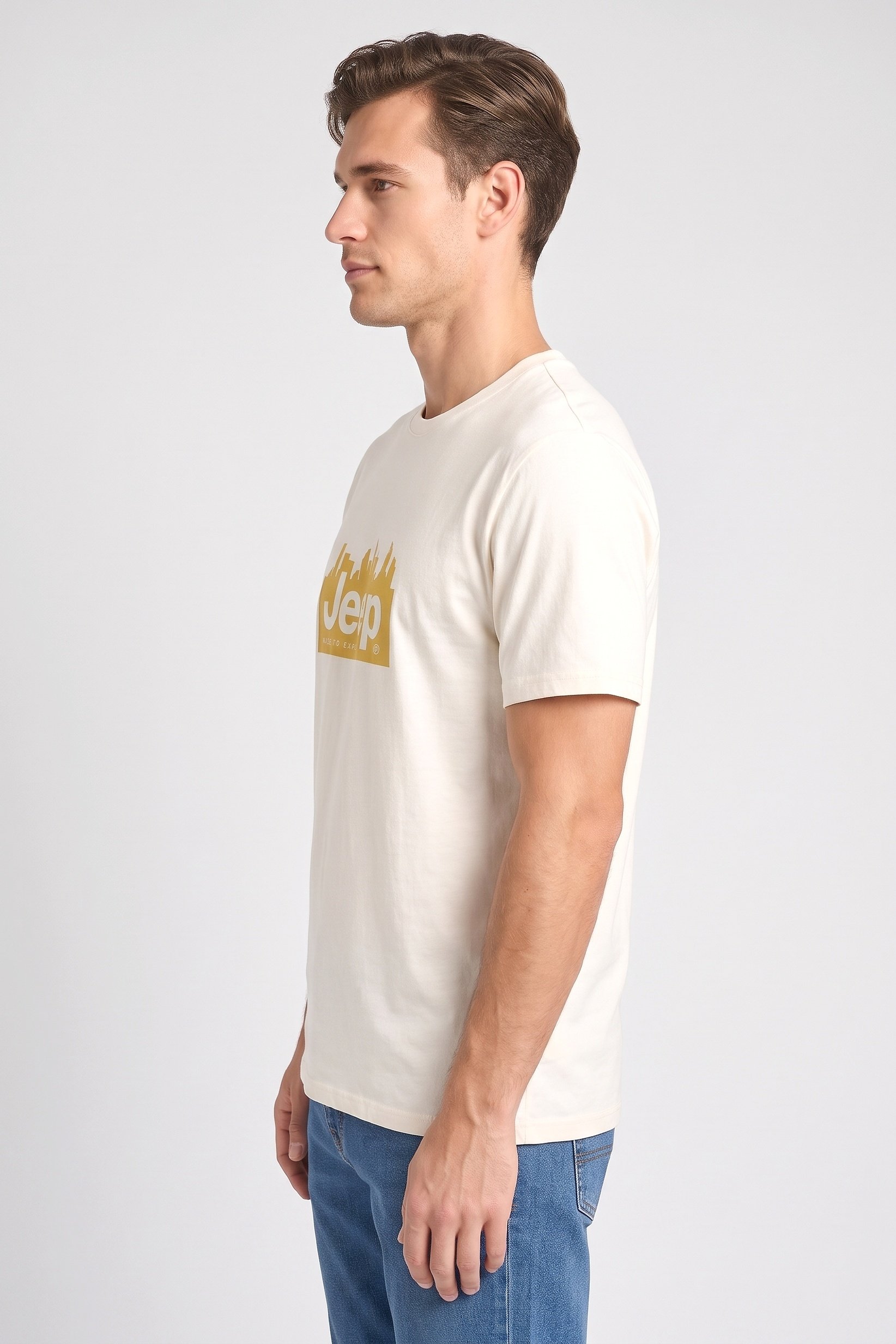 Men Crew Neck Short Sleeve Brand Logo T-Shirt, Cream