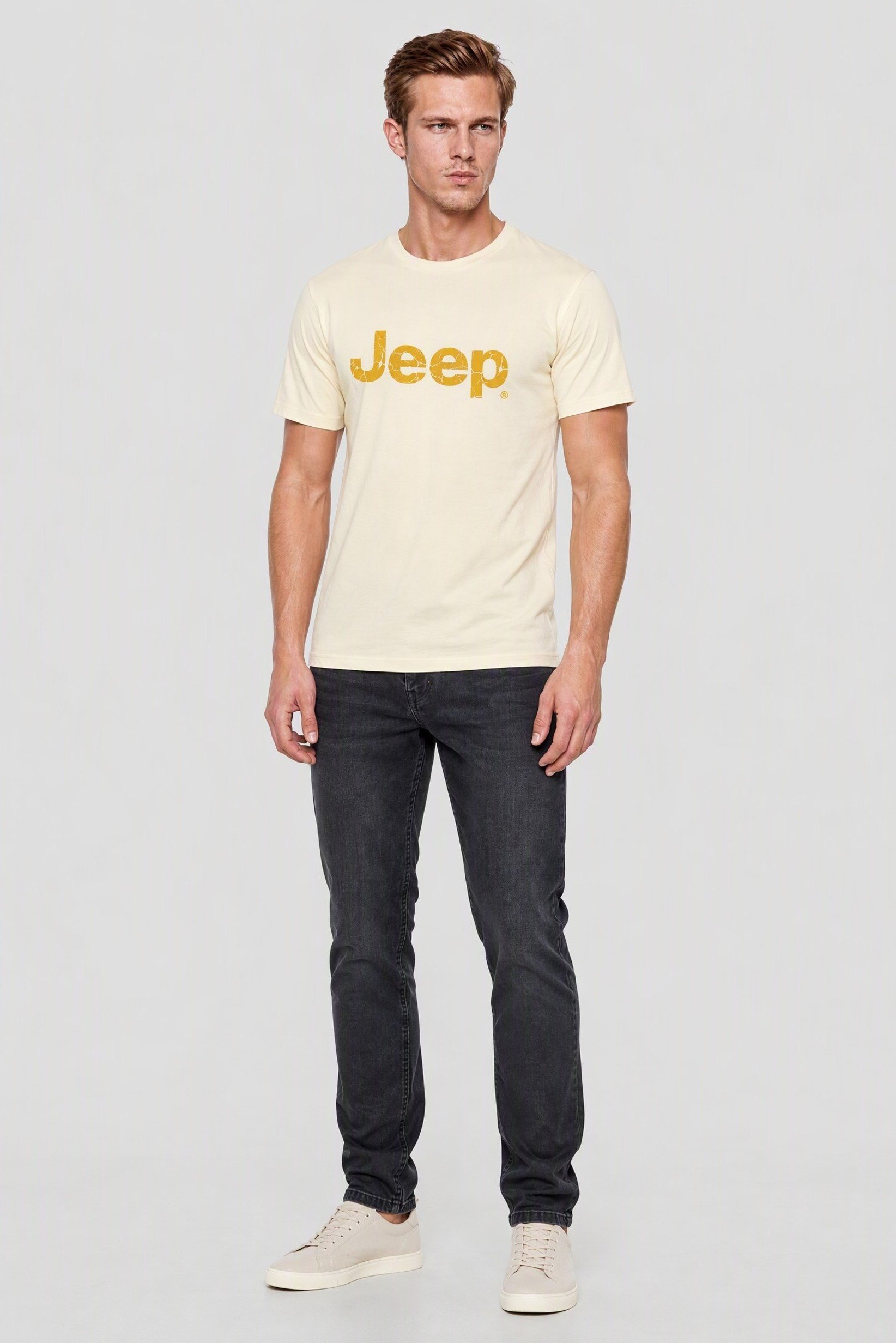 Men Crew Neck Short Sleeve Graphic Print T-Shirt, Cream