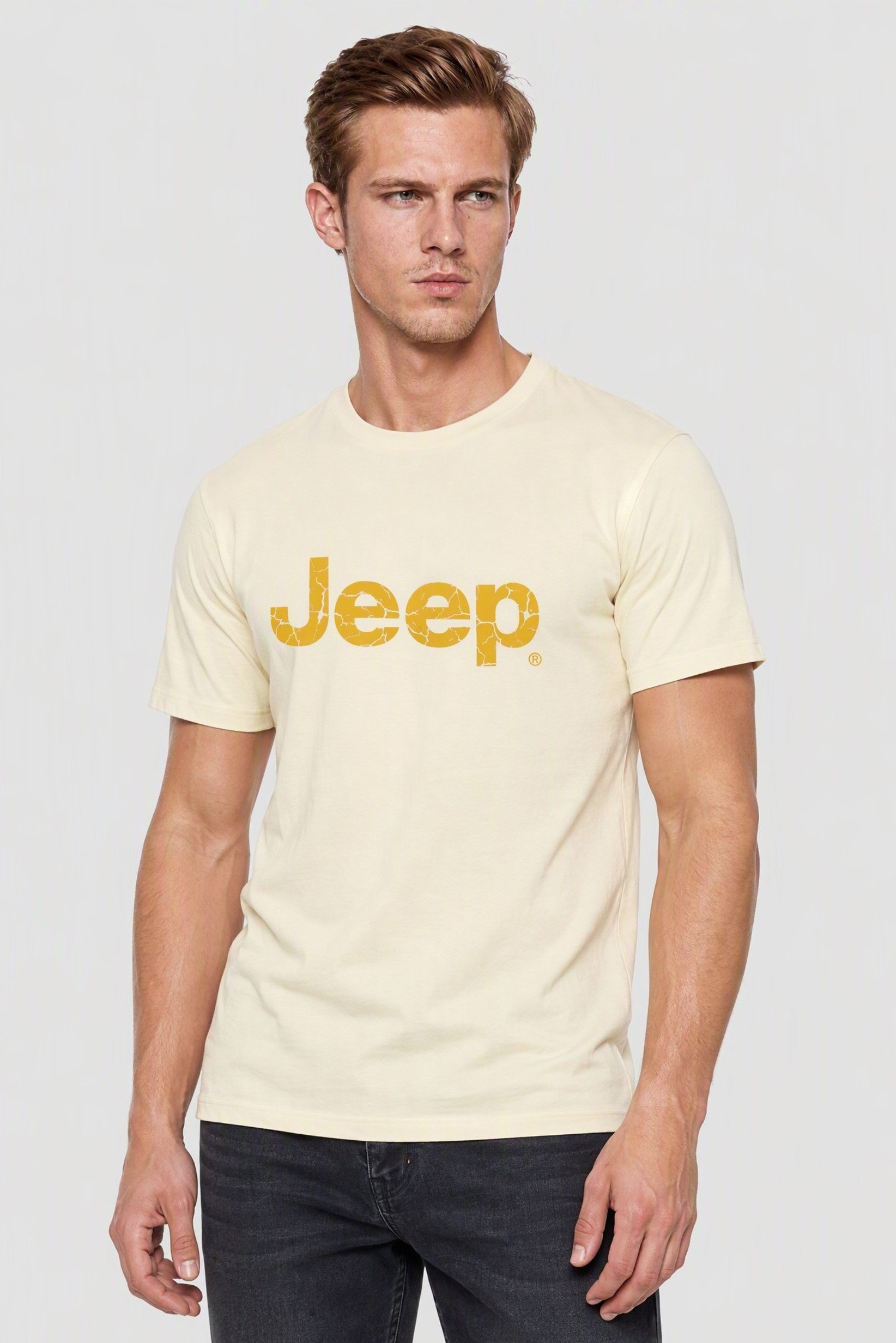 Men Crew Neck Short Sleeve Graphic Print T-Shirt, Cream