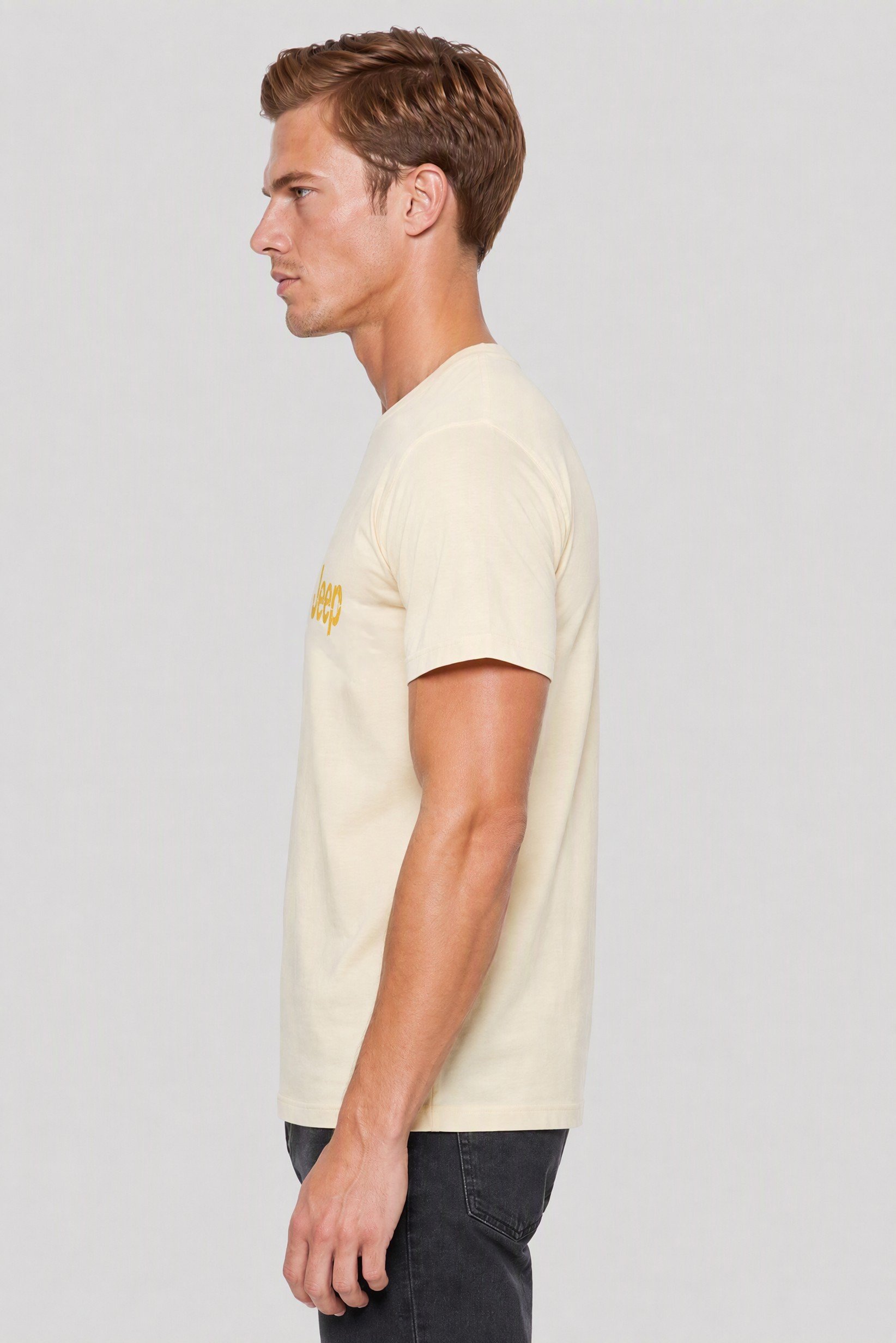 Men Crew Neck Short Sleeve Graphic Print T-Shirt, Cream