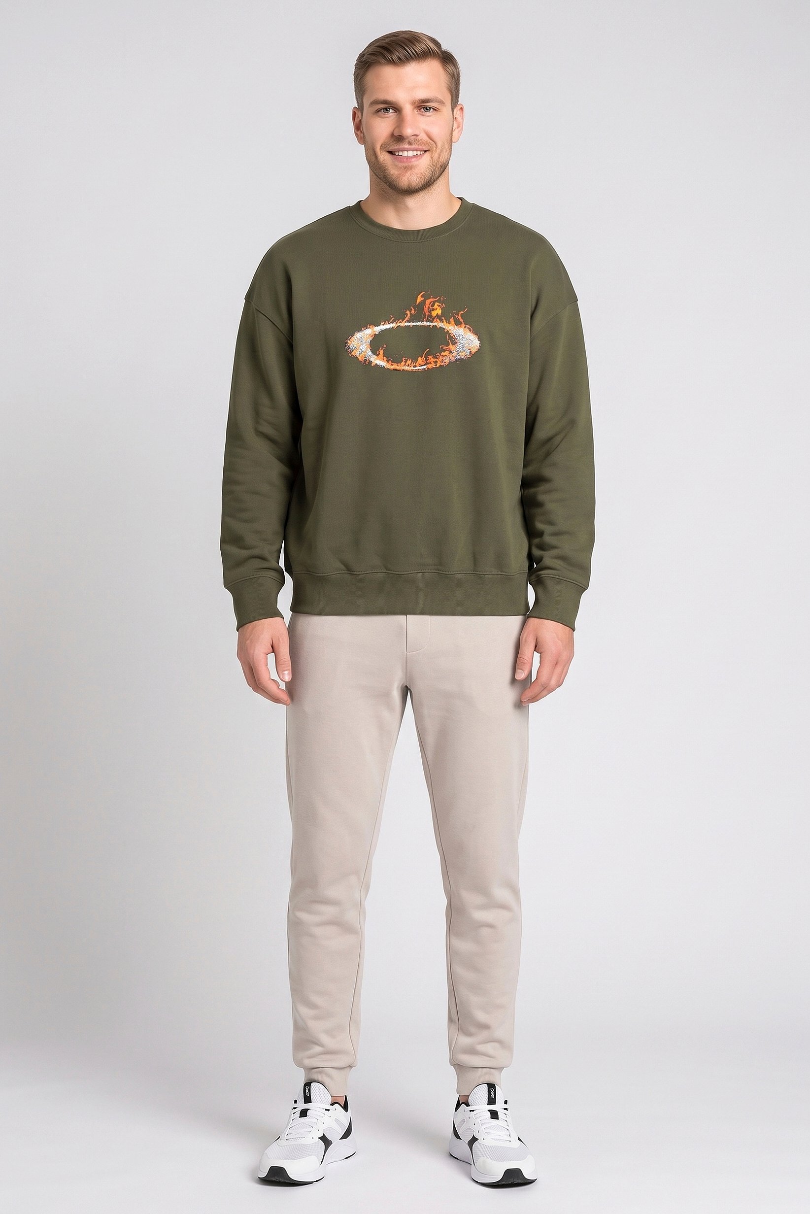 Men Crew Neck Long Sleeve Brand Logo Sweatshirt, Dark Olive