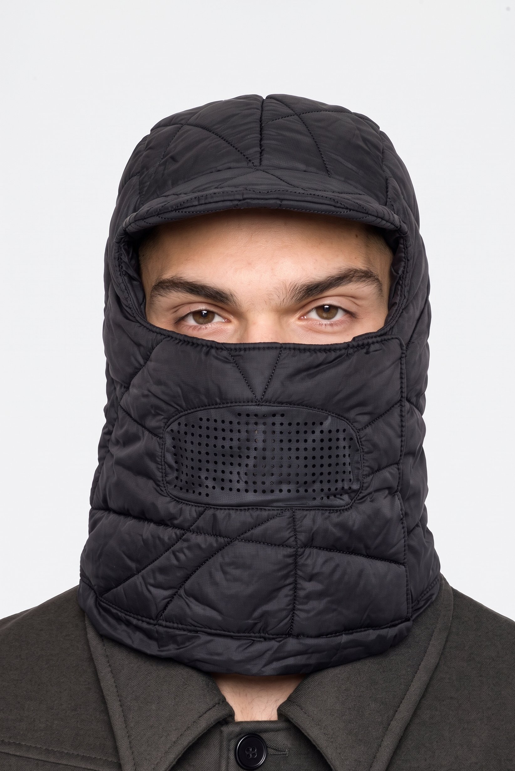 Men Embroidered Logo  Puff Hood Beanie, Black