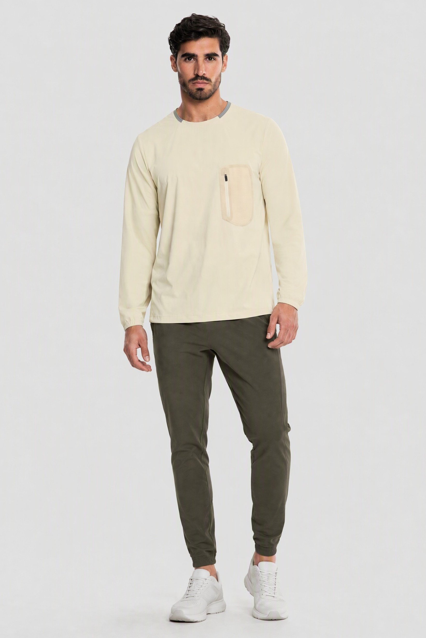 Men Performance Fit Long Sleeve Training T-Shirt, Cream