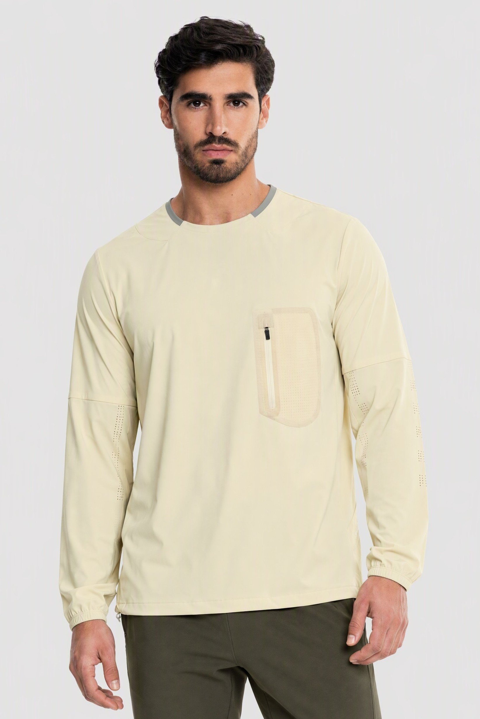 Men Performance Fit Long Sleeve Training T-Shirt, Cream