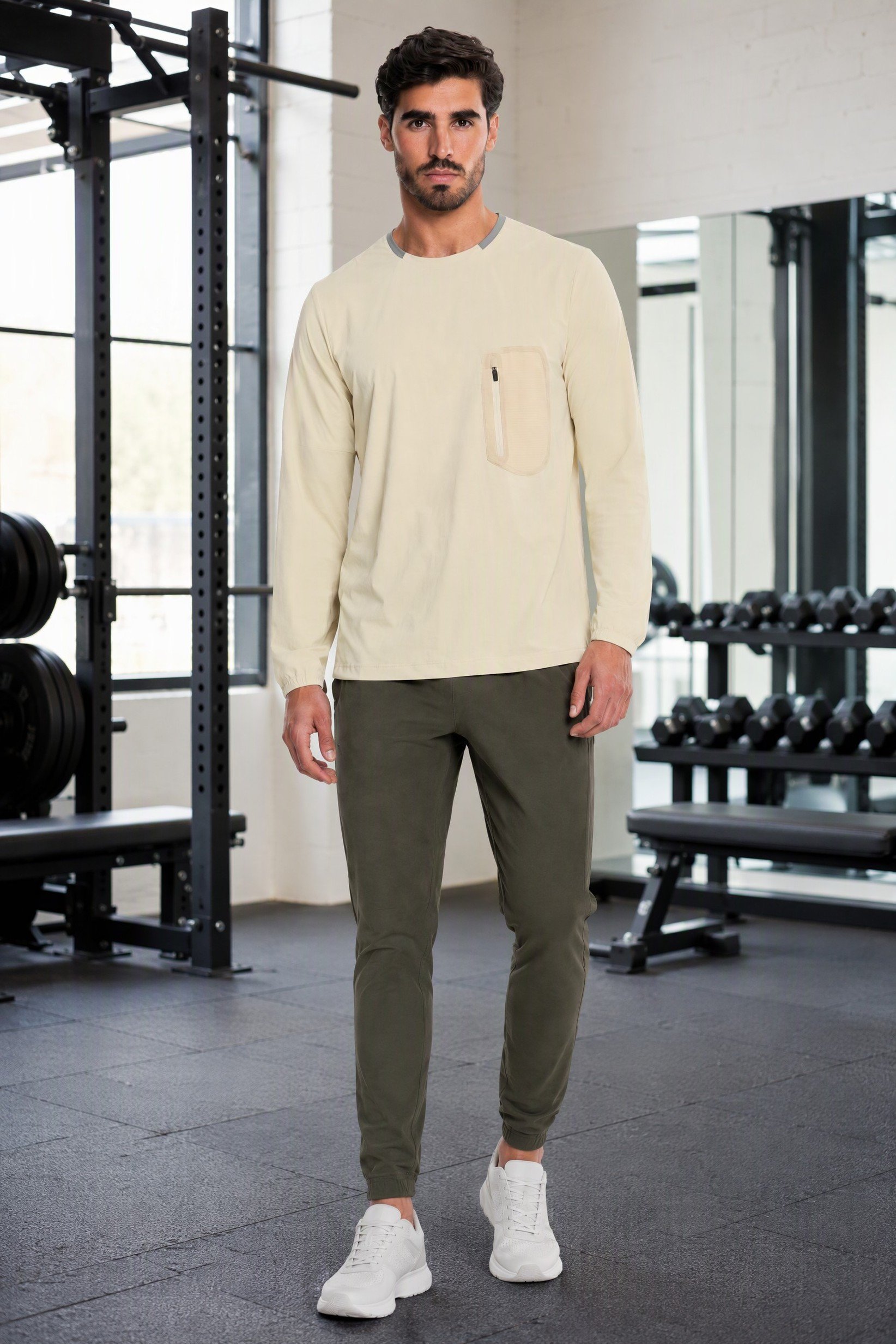 Men Performance Fit Long Sleeve Training T-Shirt, Cream