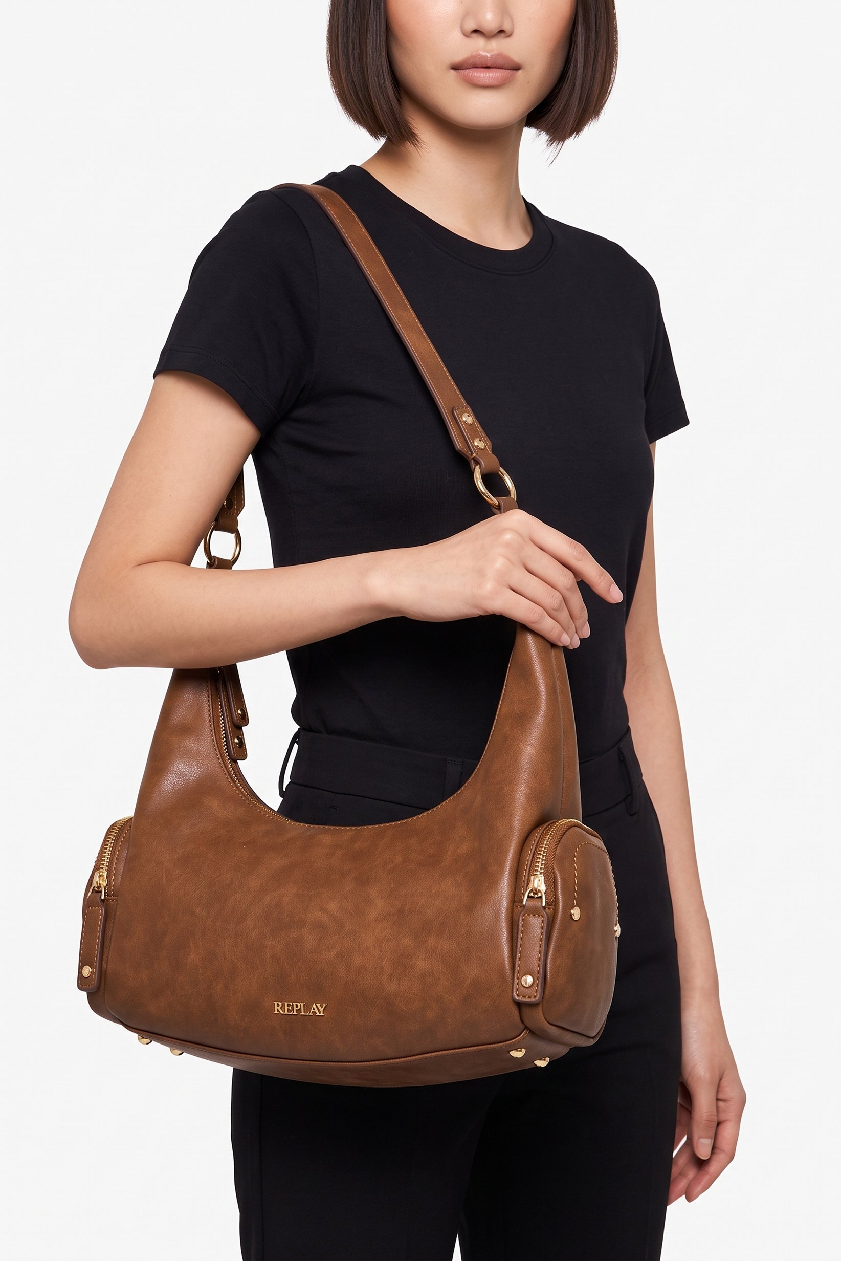 Women Brand Logo Shoulder Bag, Brown