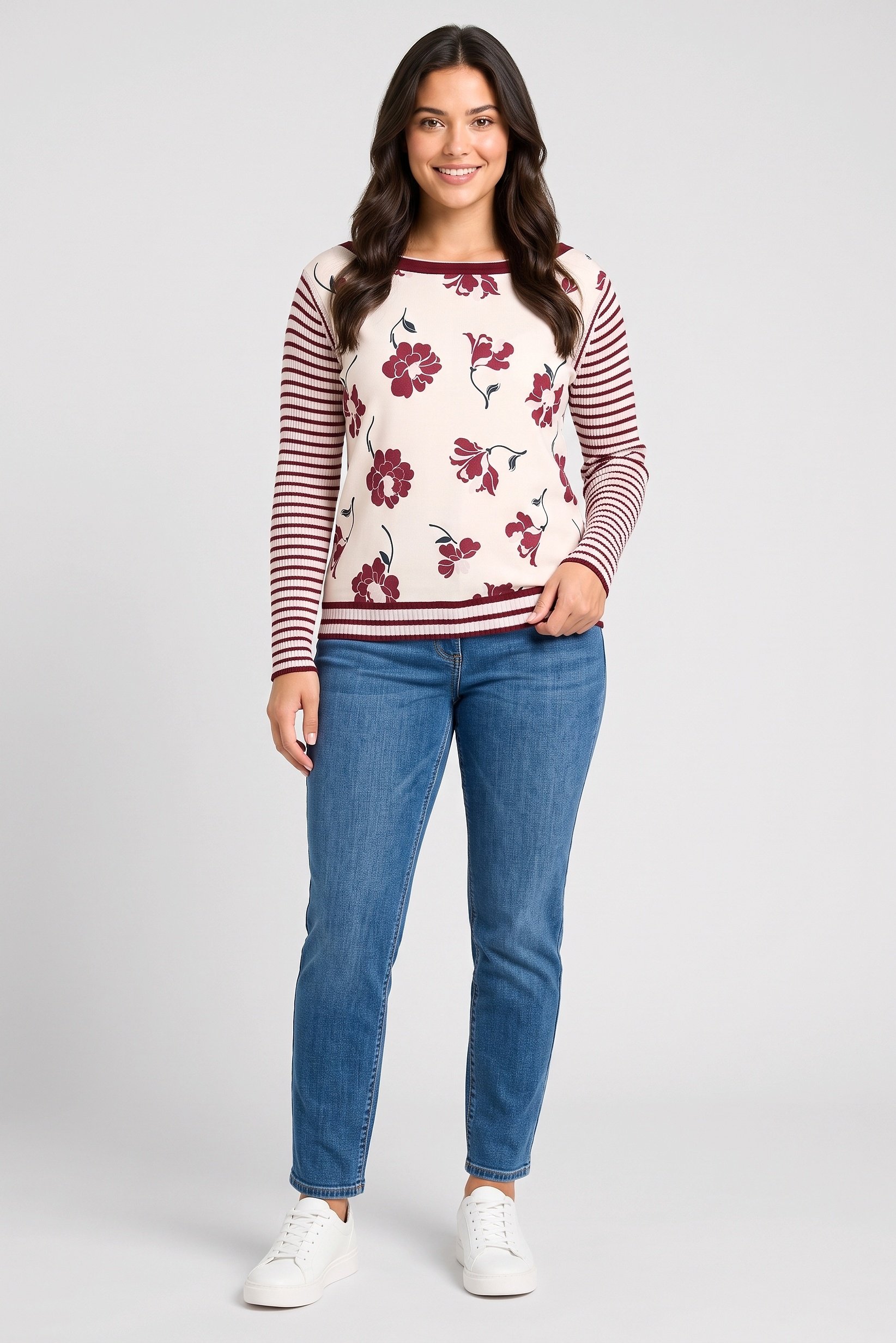 Women Boat Neck Long Sleeve Floral Print Top, Multicolor
