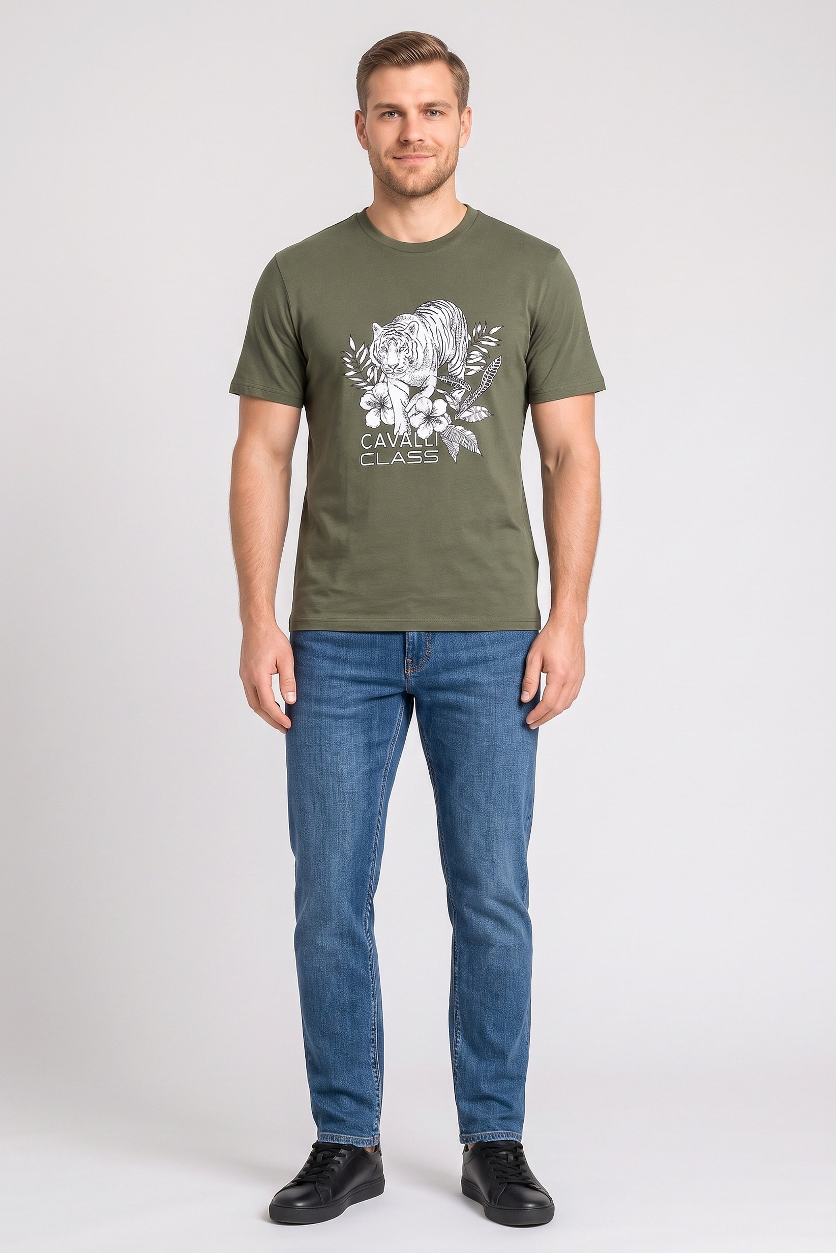 Men Crew Neck Graphic Print Short Sleeve T-Shirt, Olive