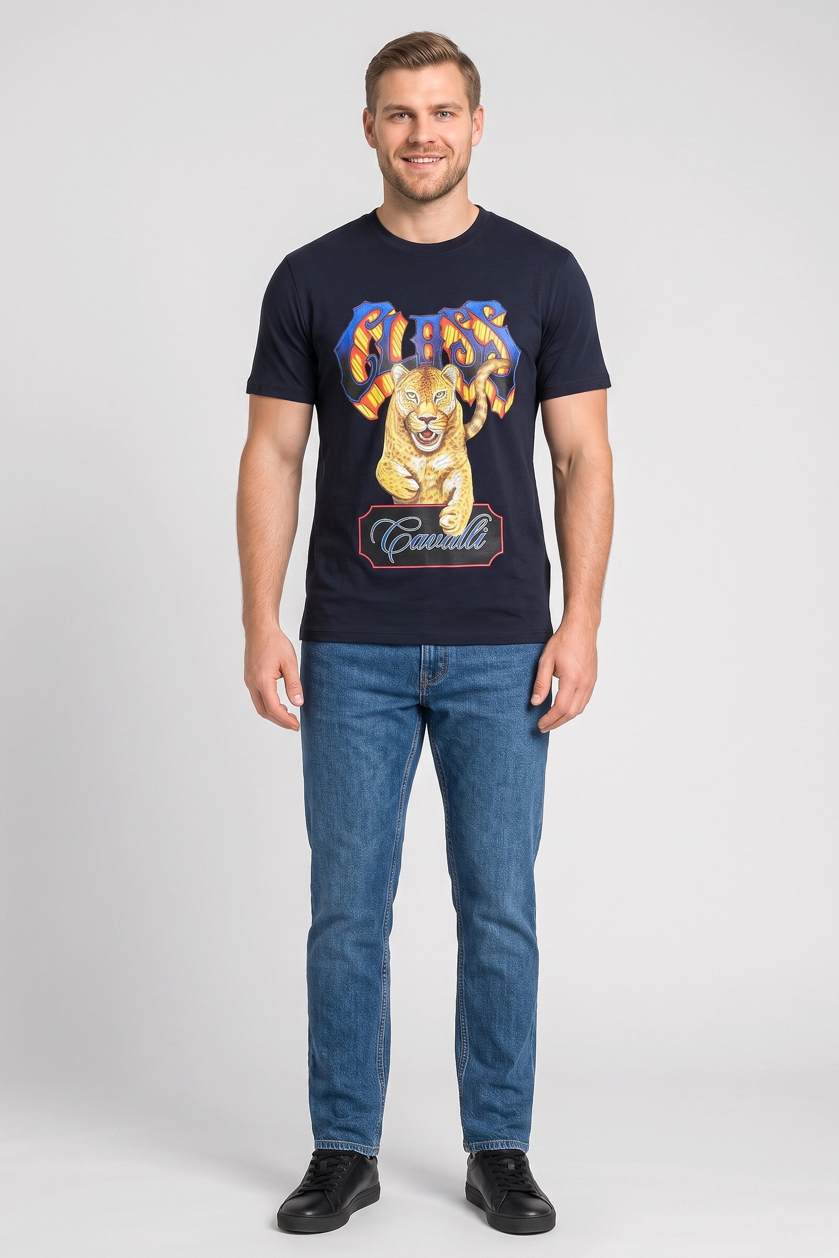 Men Crew Neck Graphic Print Short Sleeve T-Shirt, Navy