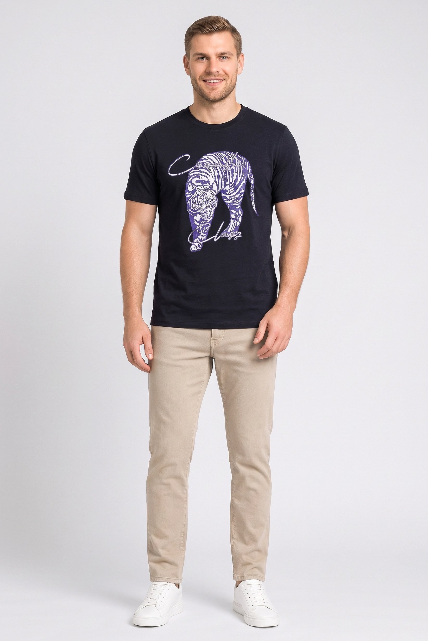 Men Crew Neck Graphic Print Short Sleeve T-Shirt, Navy