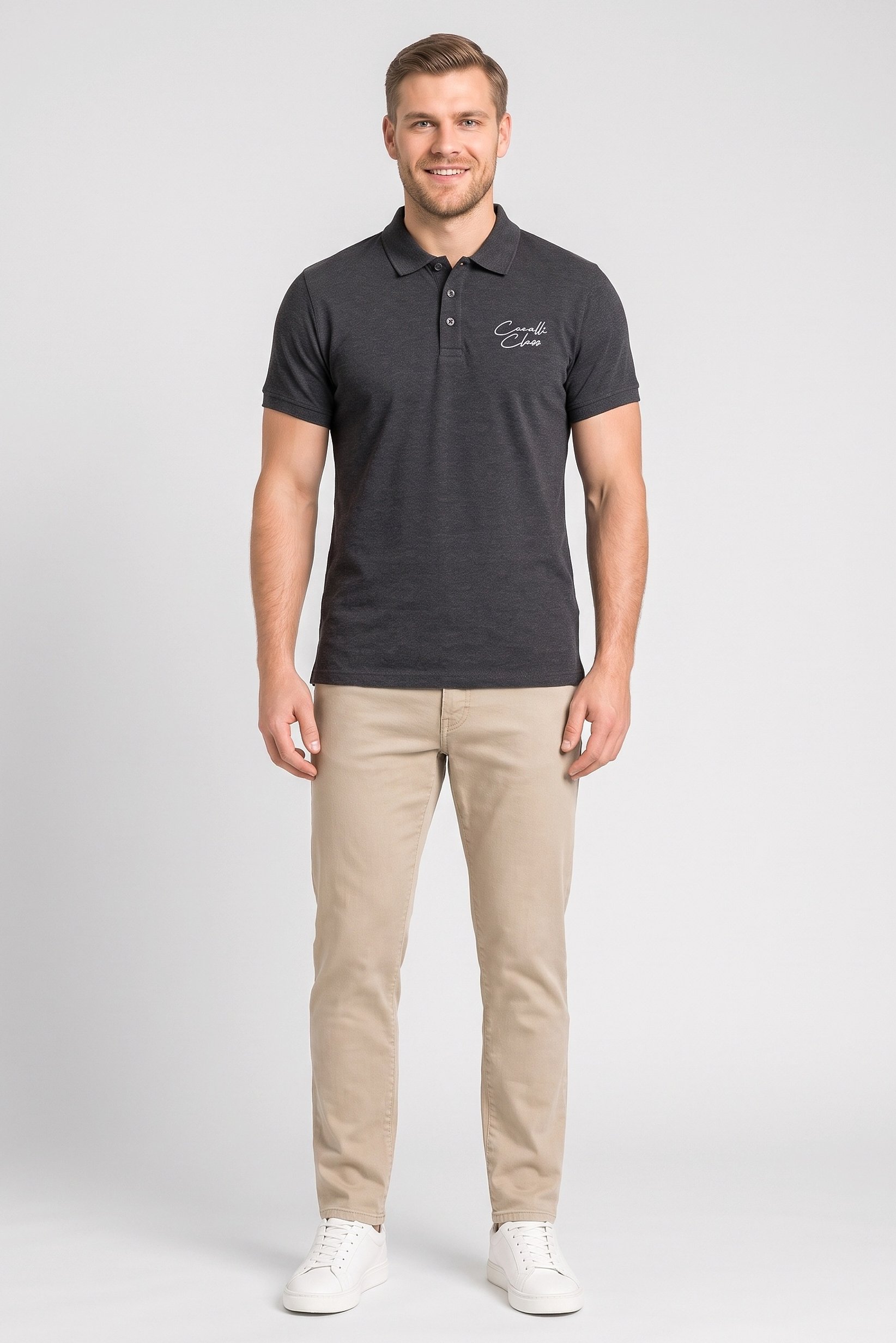 Men Regular Fit Brand Logo Short Sleeve Polo Shirt, Dark Grey