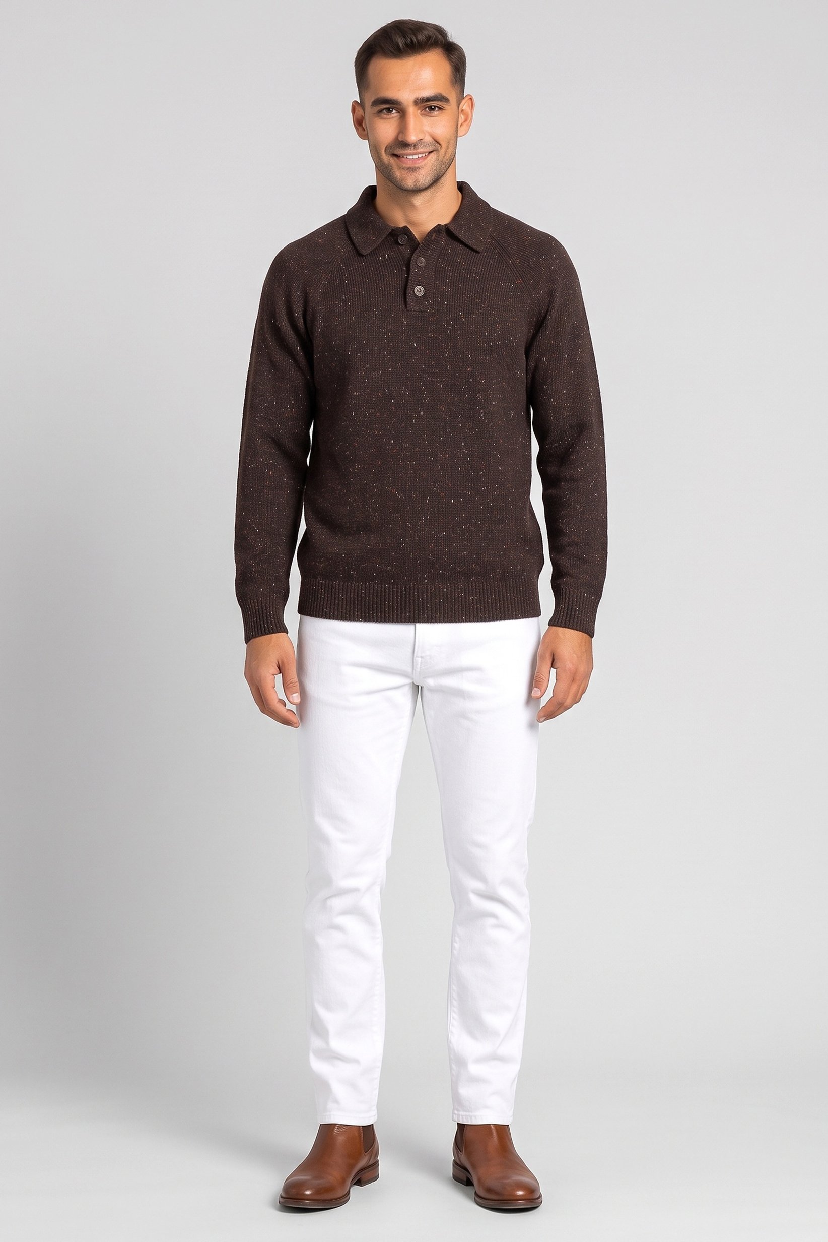 Men Spread Collar Textured Sweater, Brown