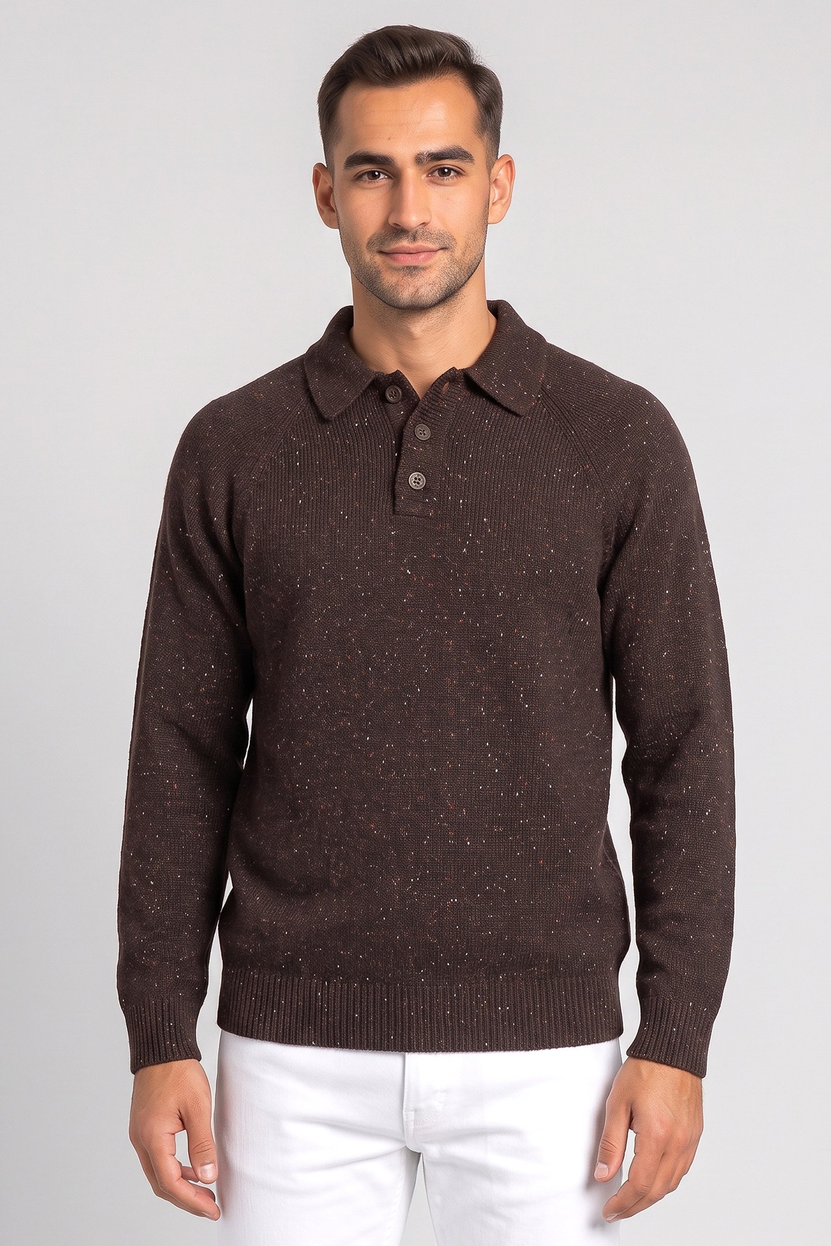 Men Spread Collar Textured Sweater, Brown