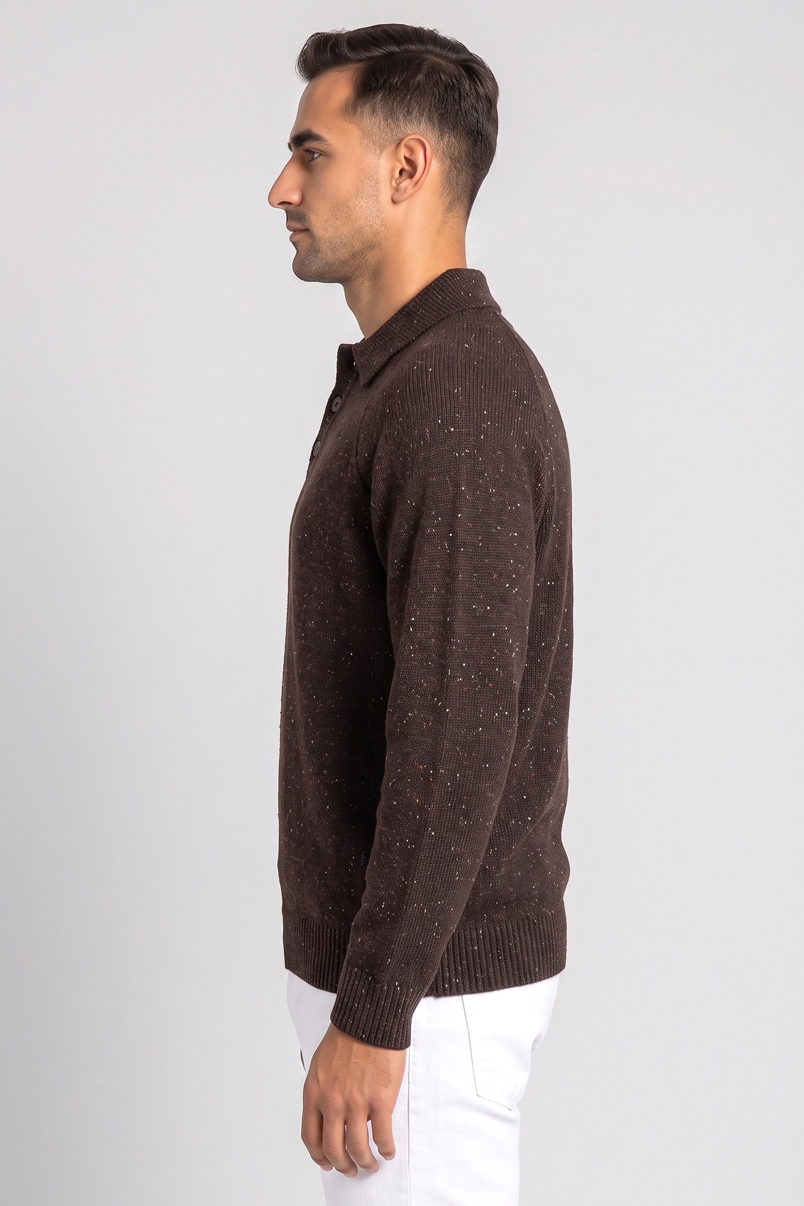 Men Spread Collar Textured Sweater, Brown