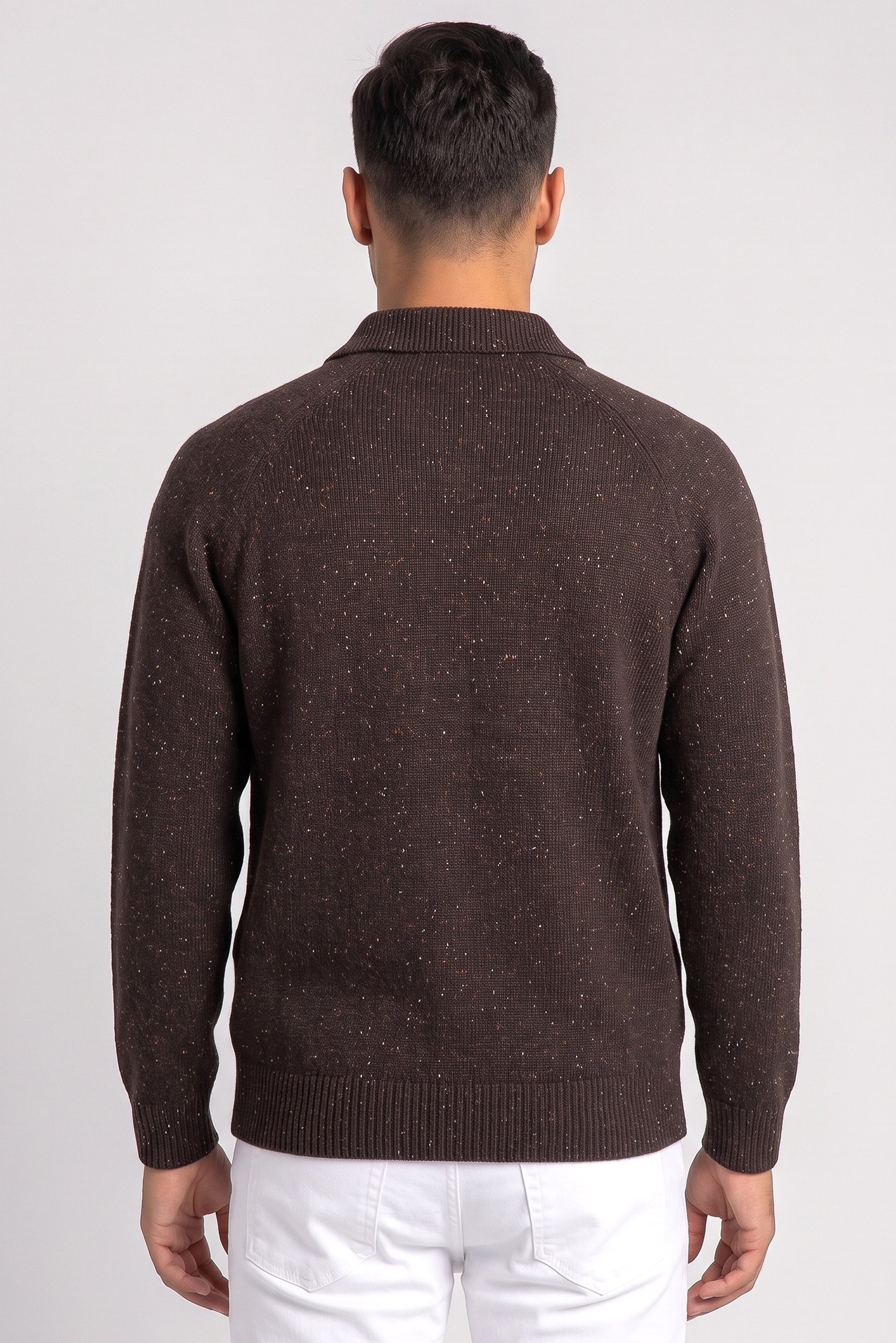 Men Spread Collar Textured Sweater, Brown