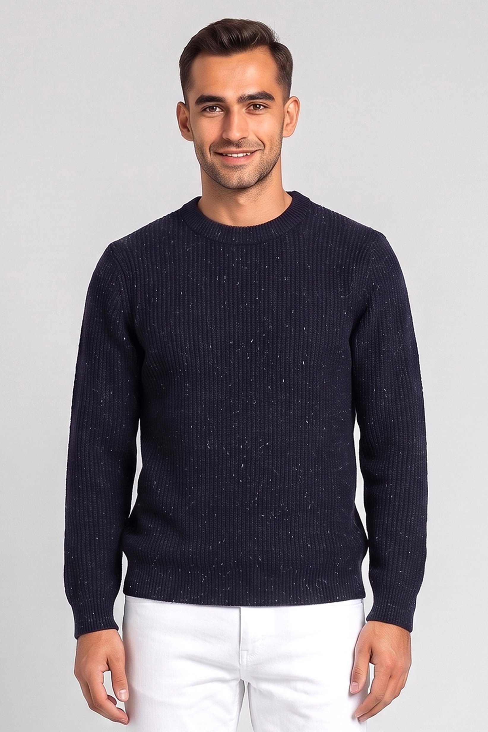 Men Crew Neck Long Sleeve Rib Knit Sweater, Navy