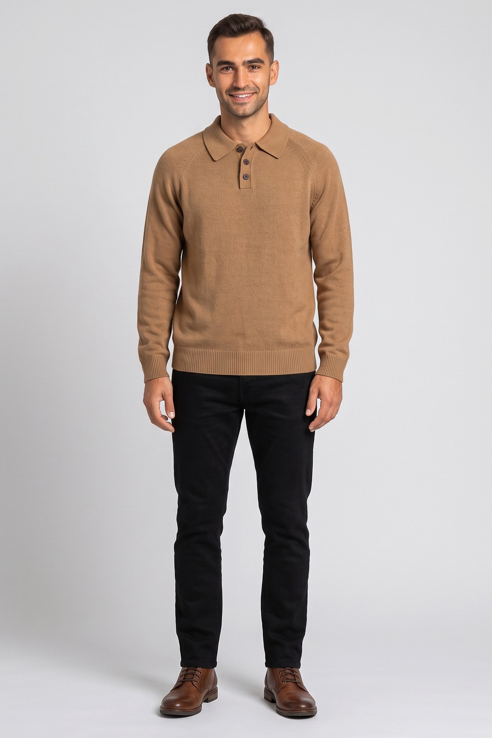 Men Spread Collar Textured Sweater, Brown
