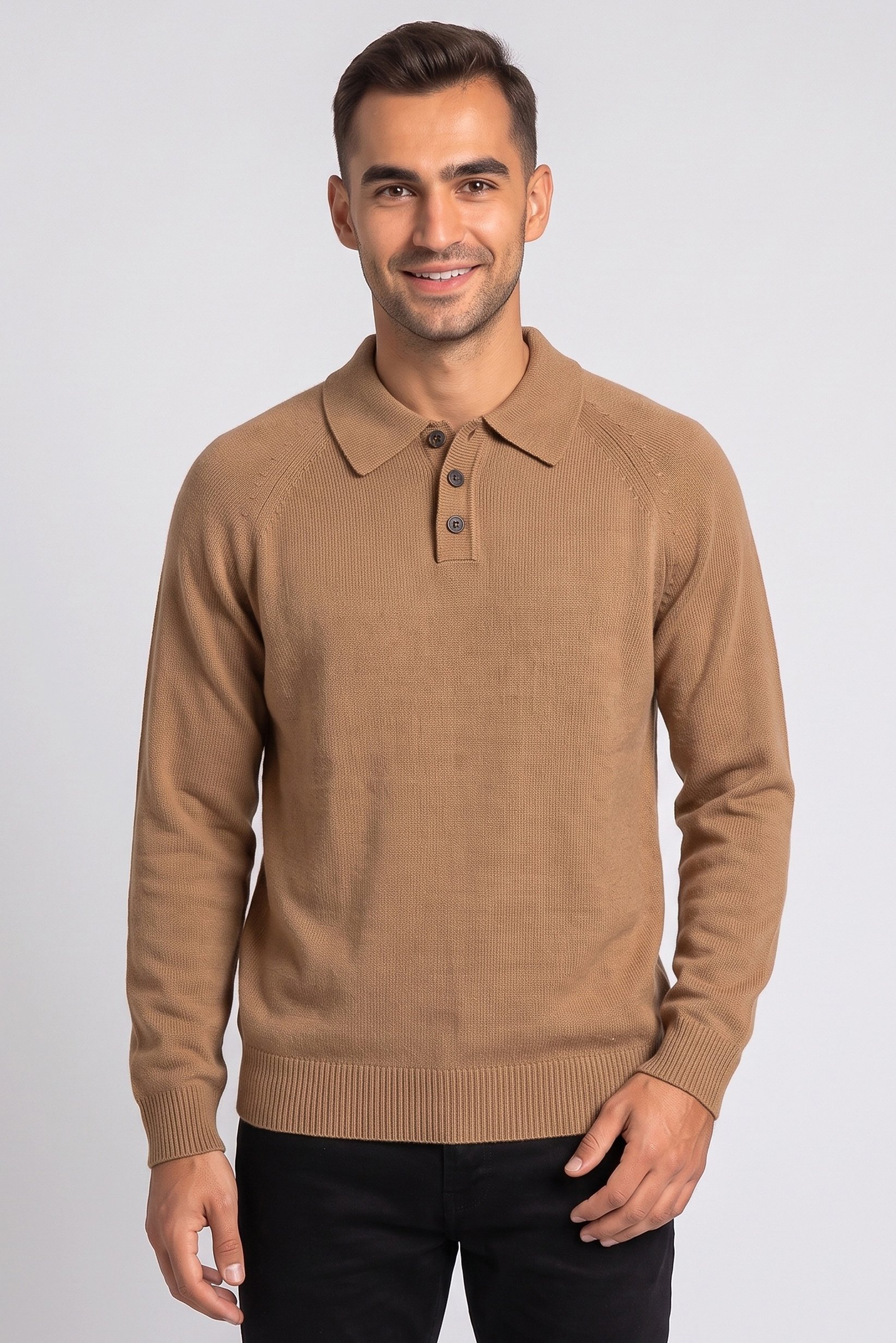 Men Spread Collar Textured Sweater, Brown