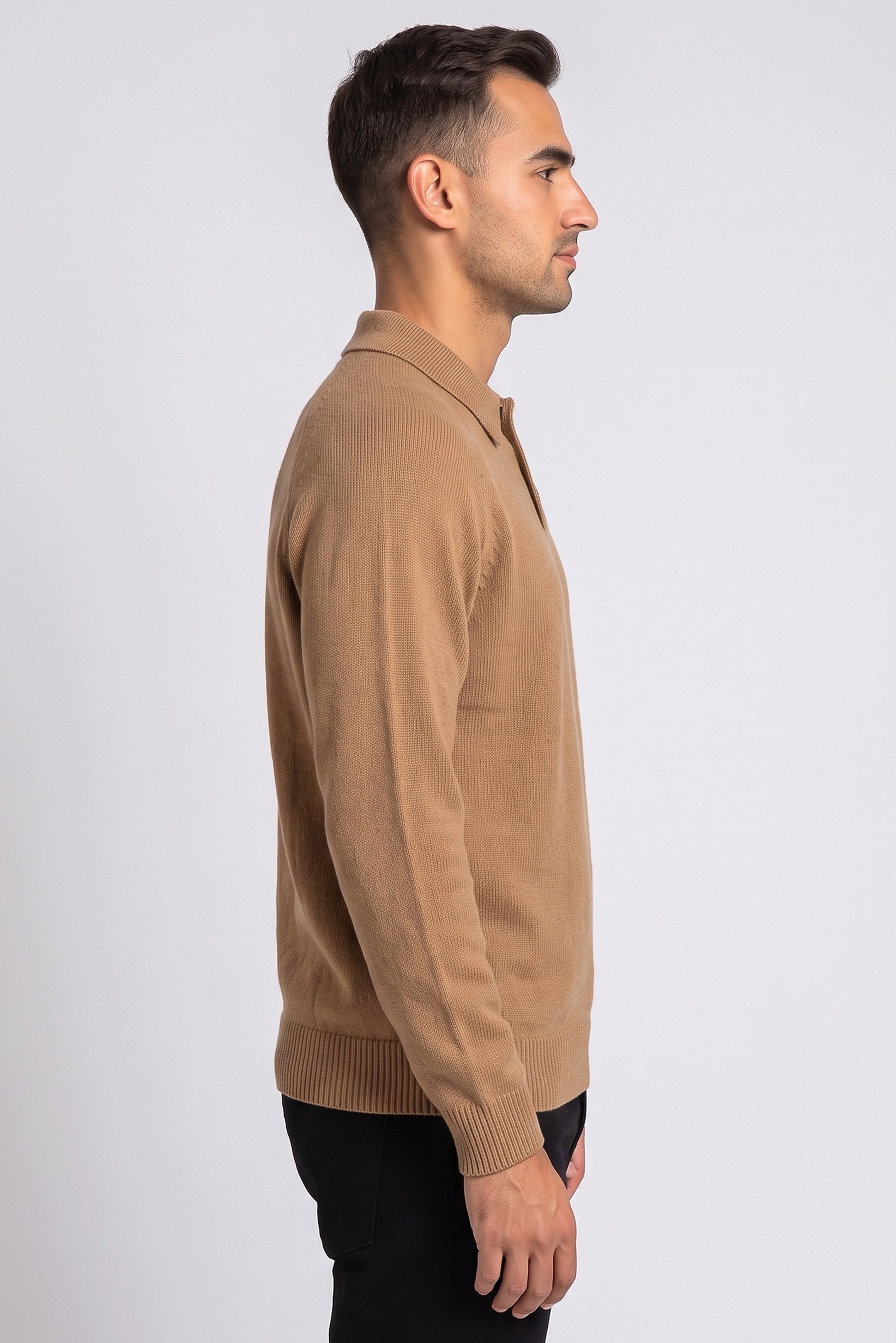 Men Spread Collar Textured Sweater, Brown
