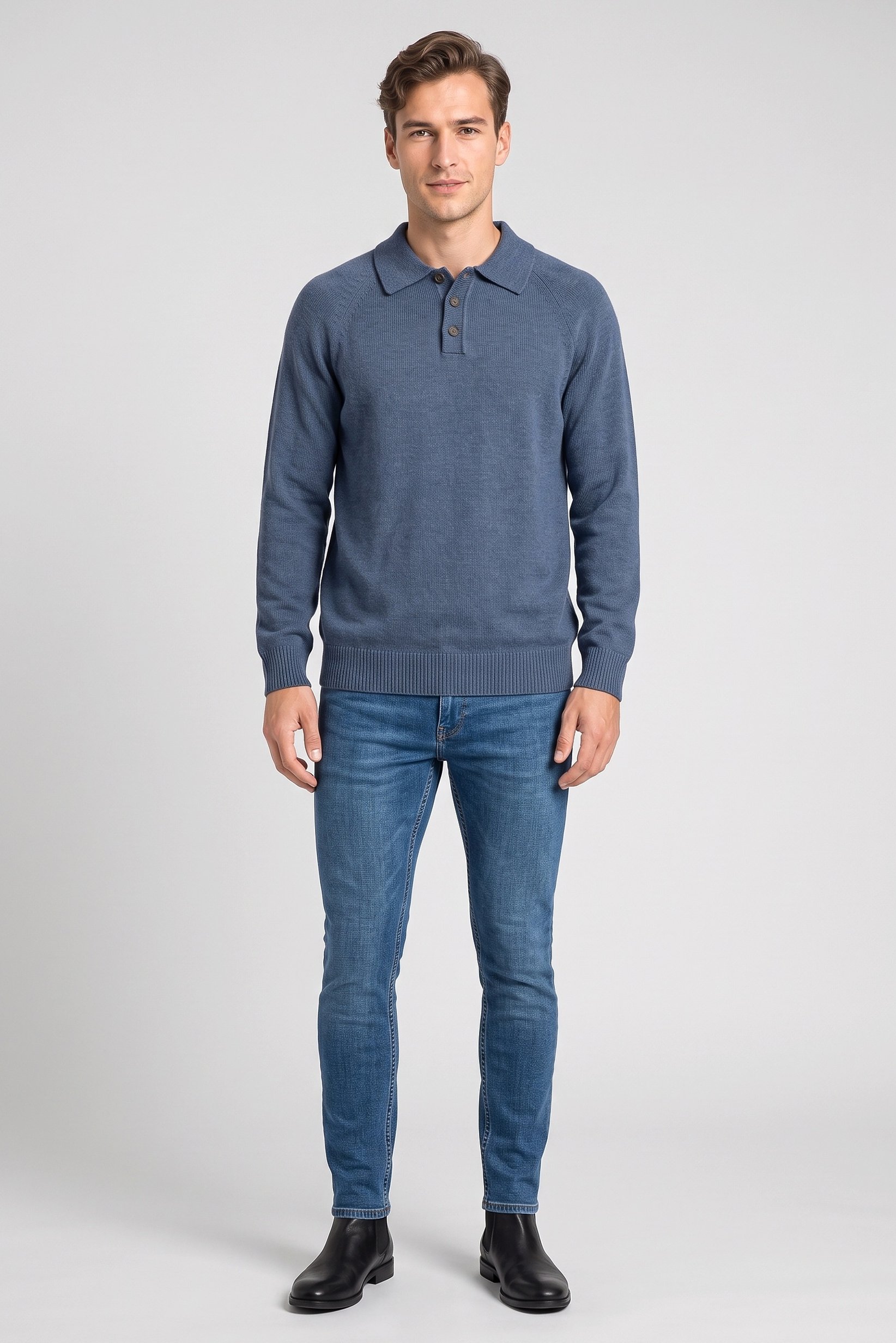 Men Regular Fit Knitted Long Sleeve Polo Shirt, Dusty Blue