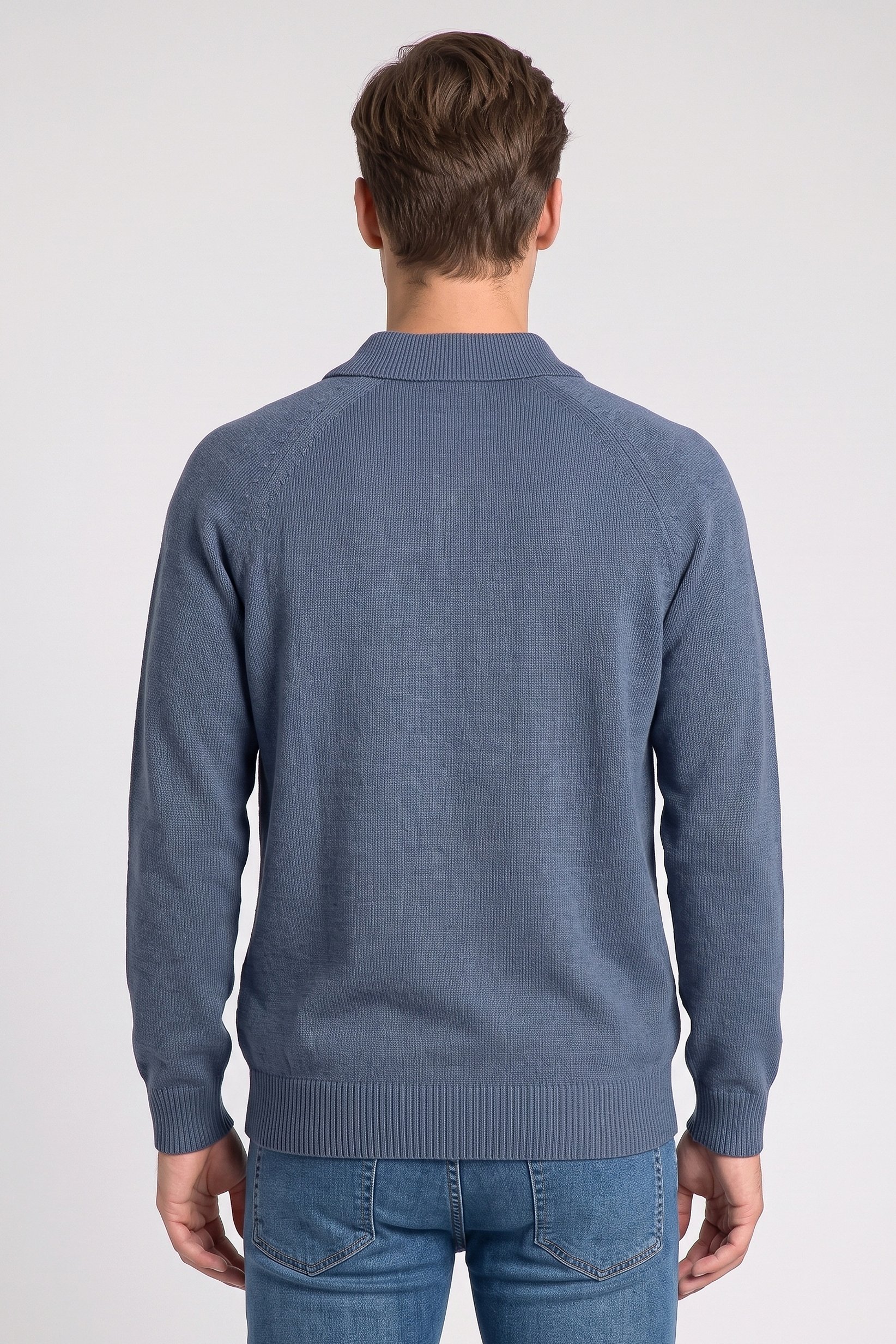 Men Regular Fit Knitted Long Sleeve Polo Shirt, Dusty Blue