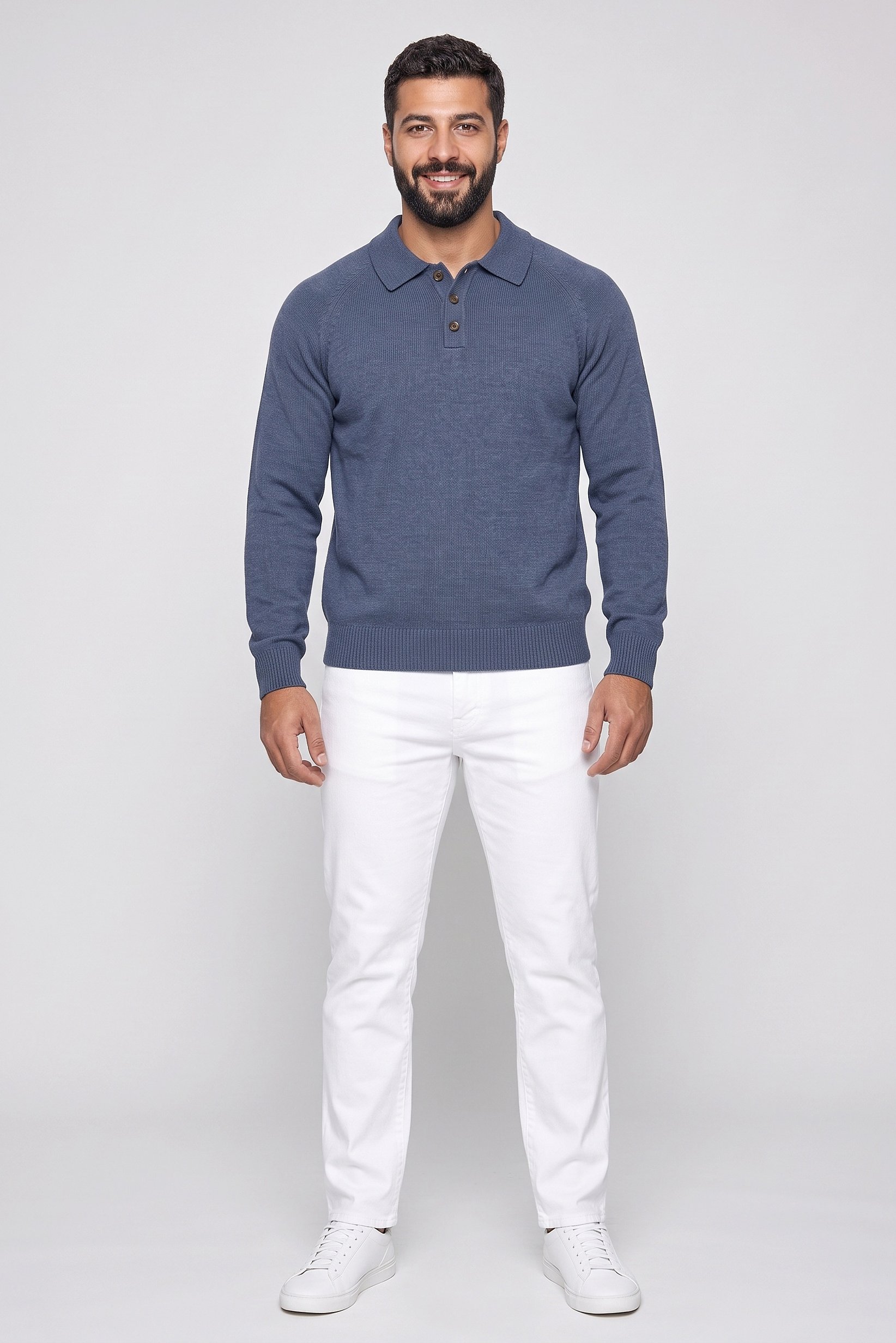 Men Spread Collar Rib Knit Sweater, Slate Blue