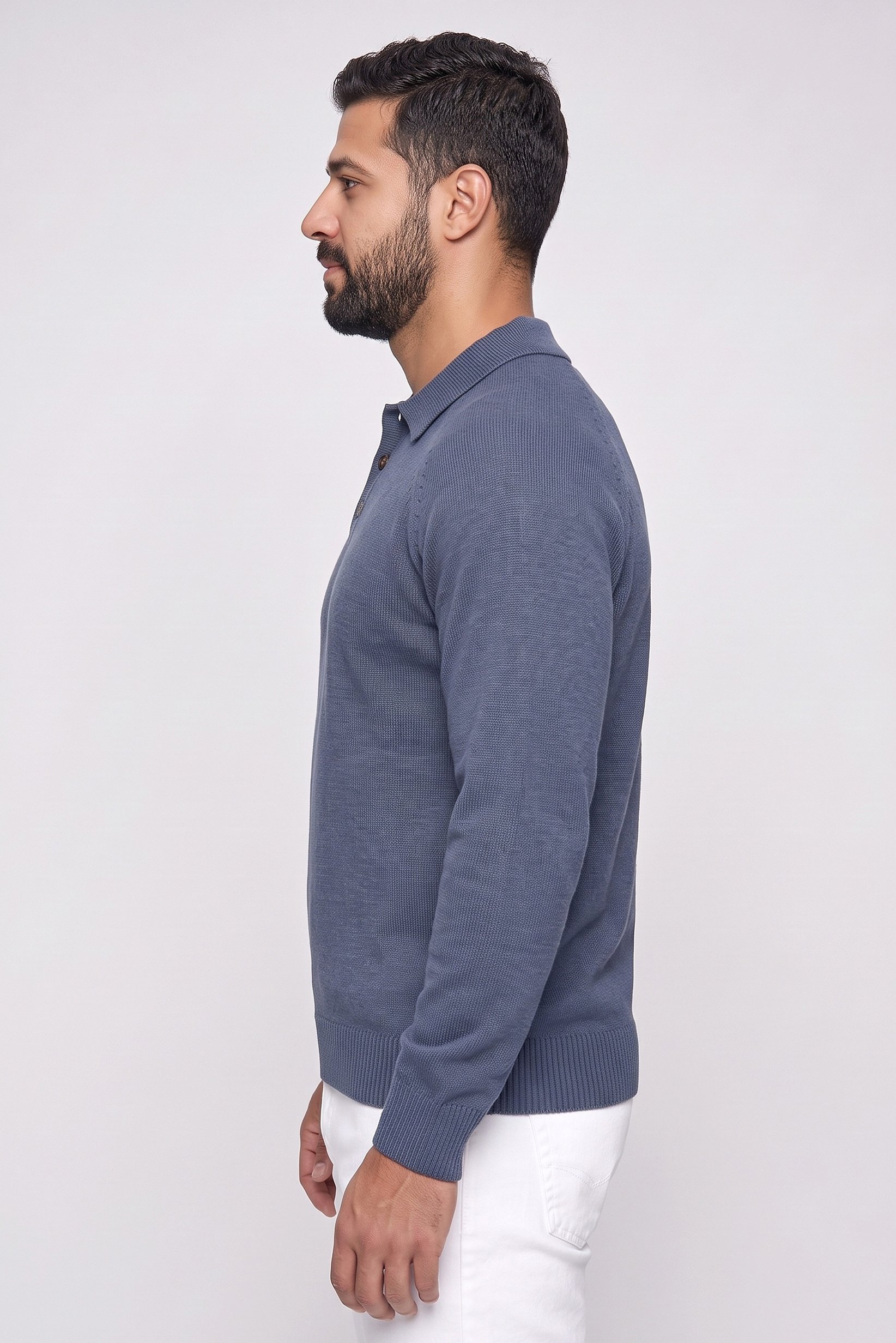 Men Spread Collar Rib Knit Sweater, Slate Blue