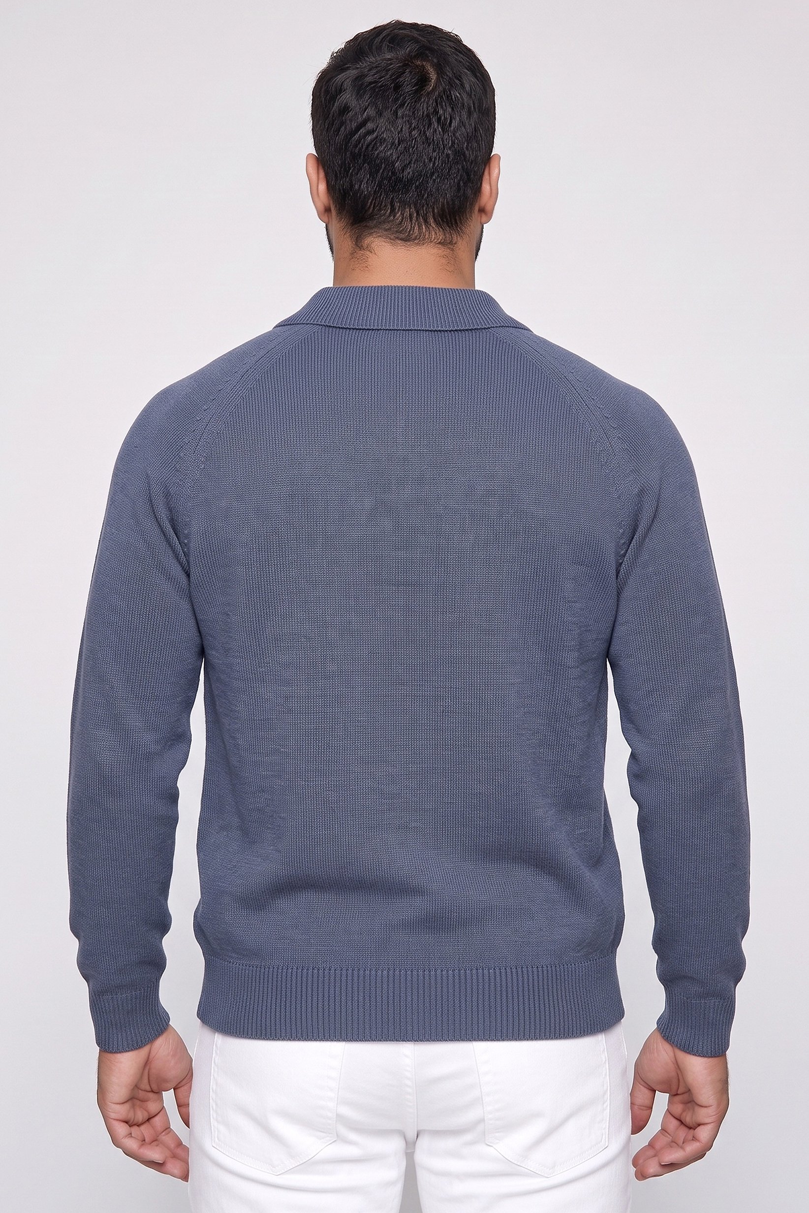 Men Spread Collar Rib Knit Sweater, Slate Blue