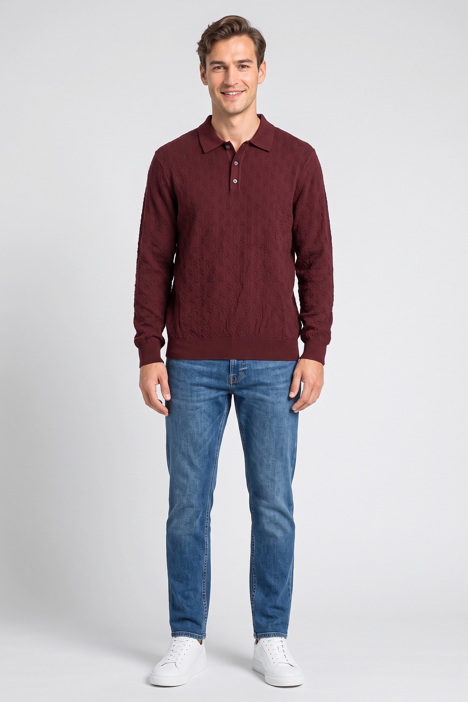 Men Spread Collar Knitted Sweater, Burgandy