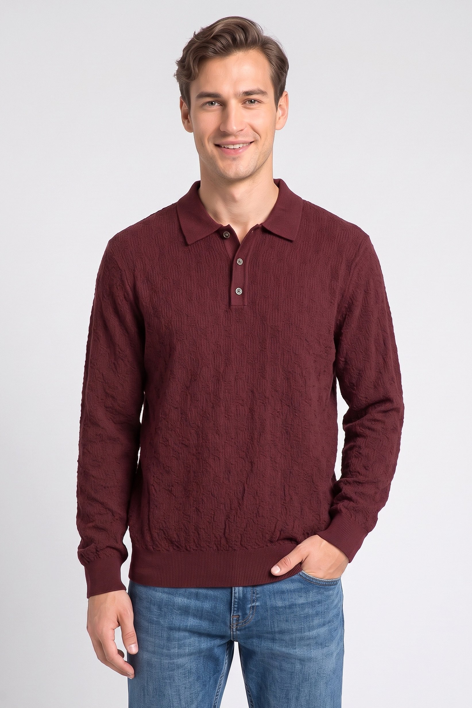 Men Spread Collar Knitted Sweater, Burgandy
