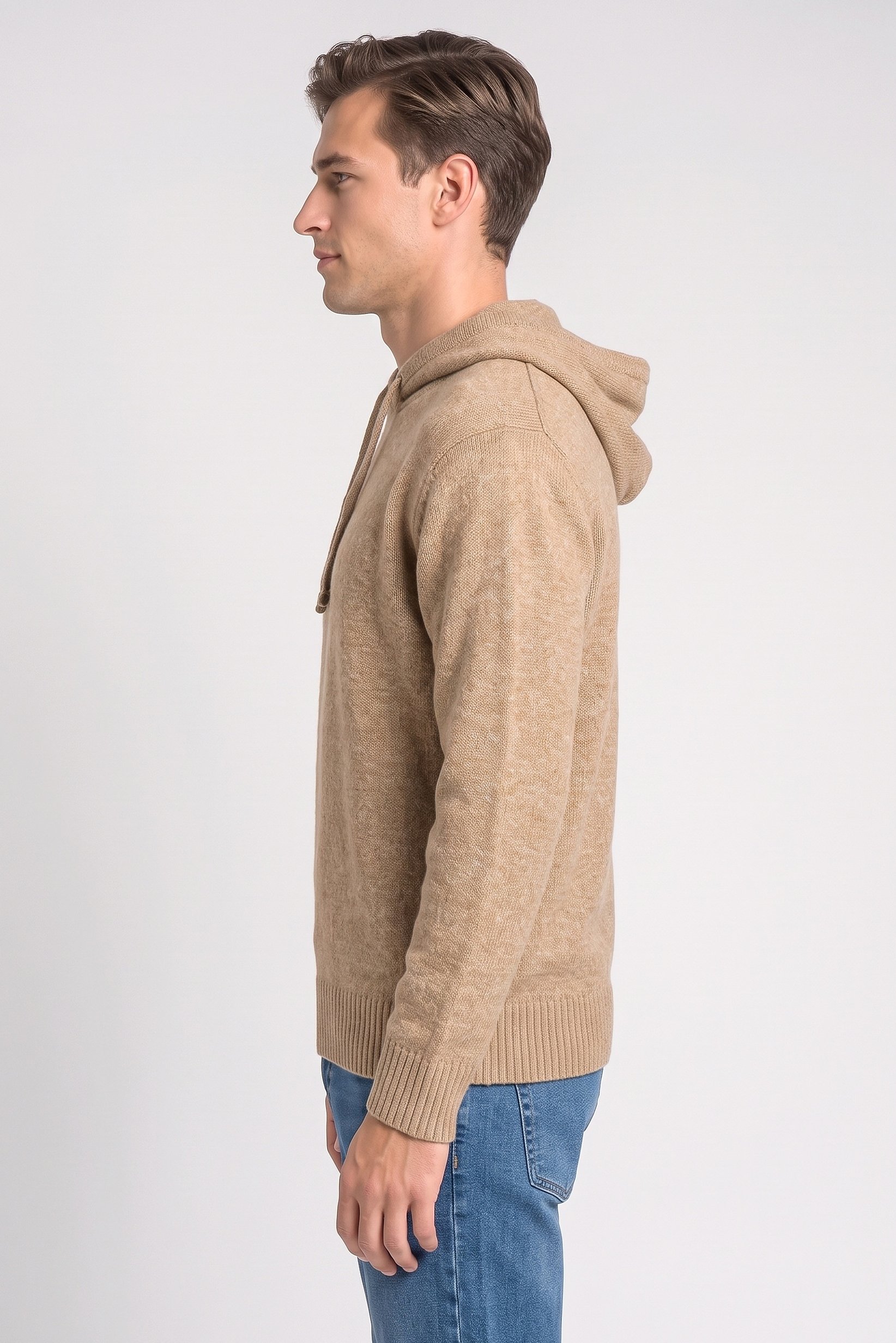 Men Knitted Long Sleeve Hoodie, Brown