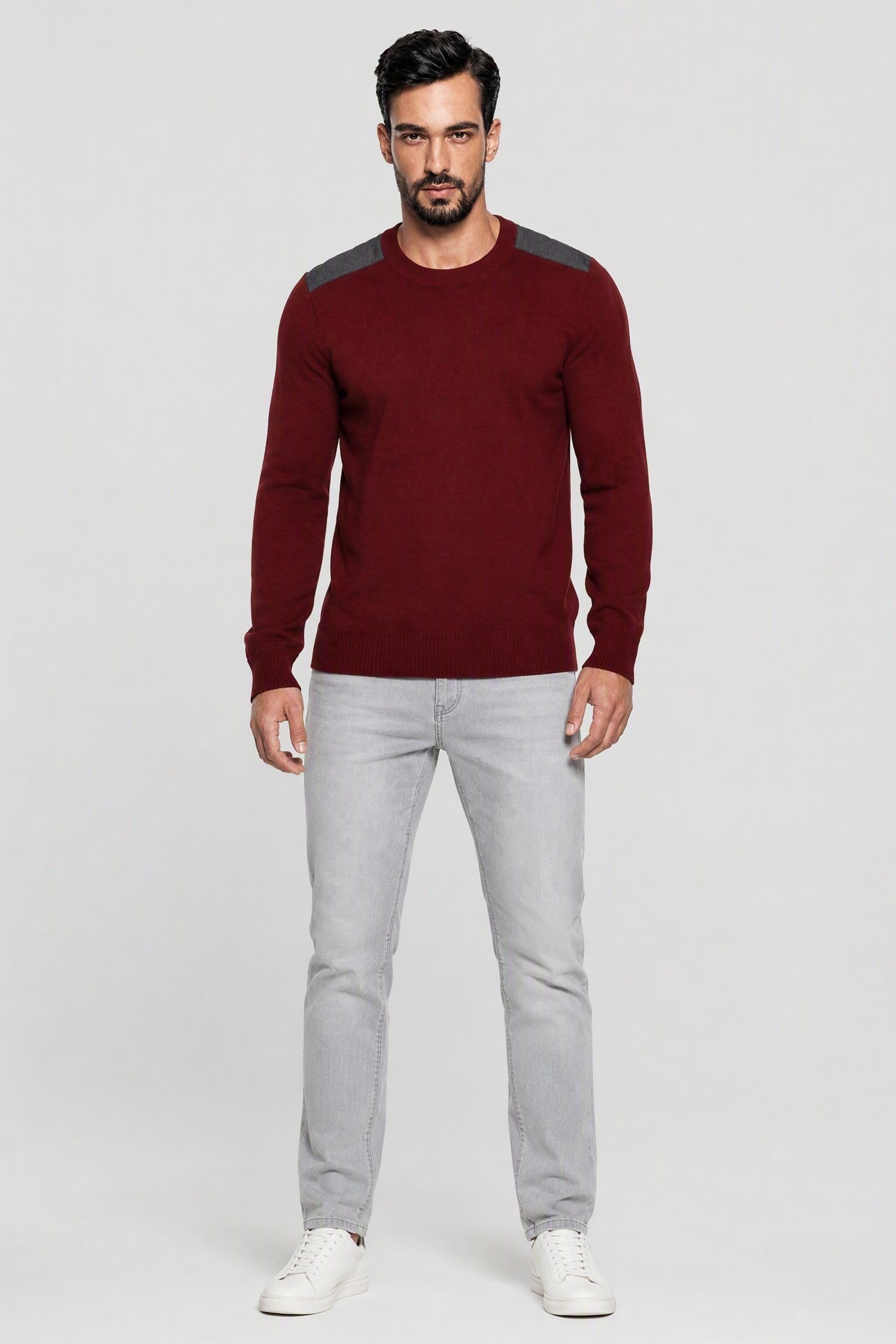 Men Crew Neck Knitted Sweater, Dark Maroon