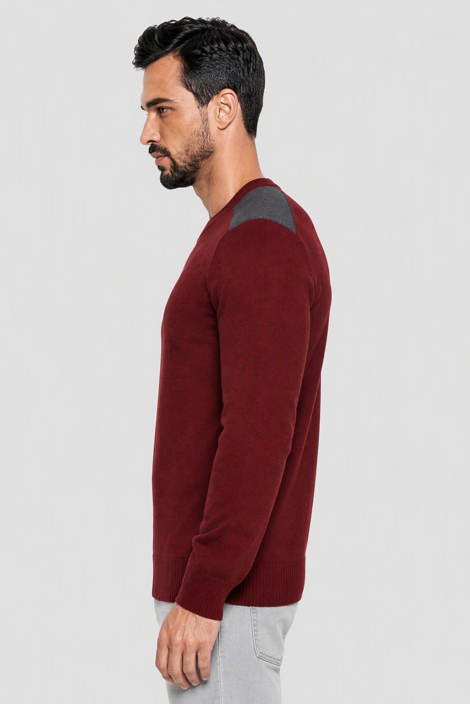 Men Crew Neck Knitted Sweater, Dark Maroon