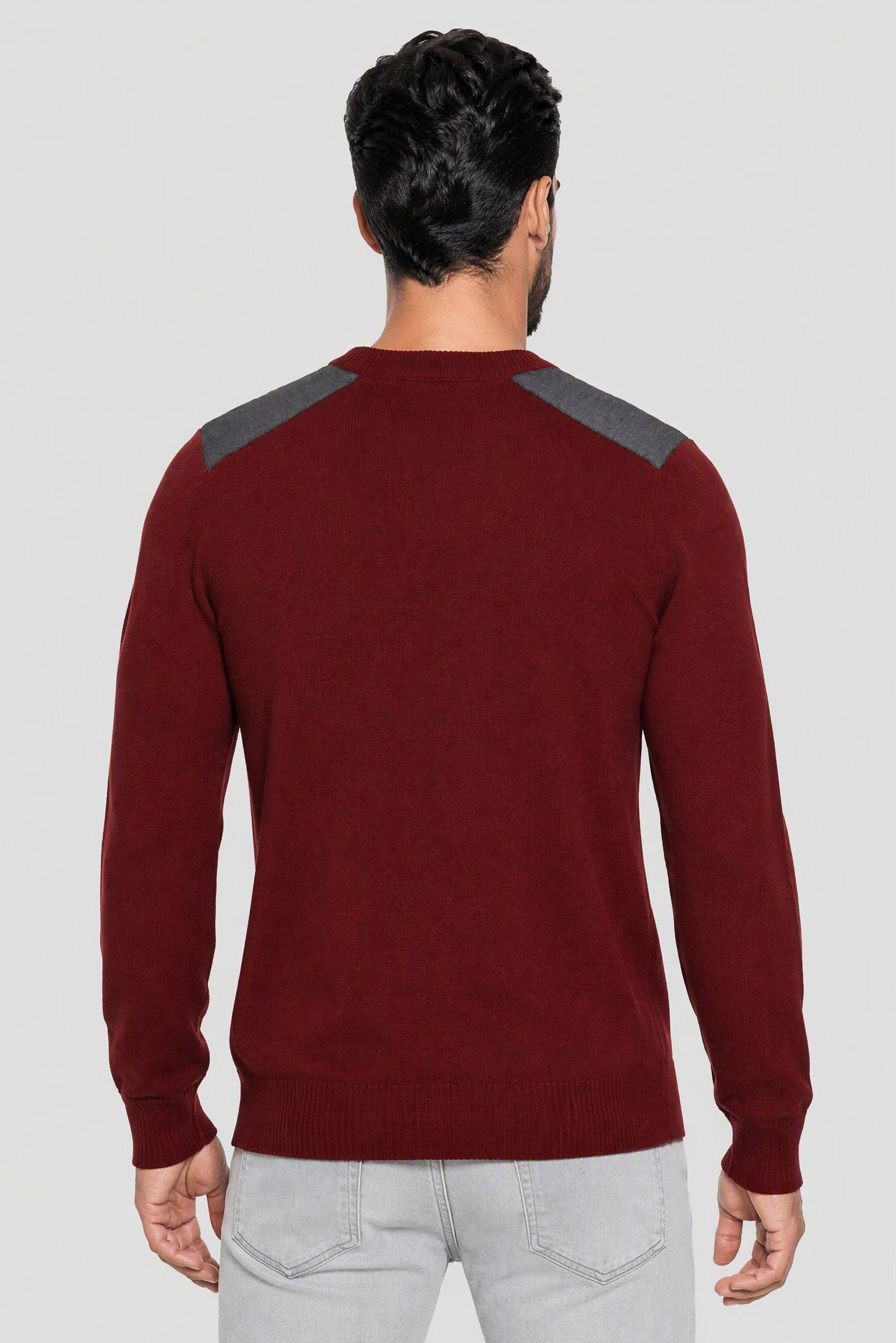 Men Crew Neck Knitted Sweater, Dark Maroon