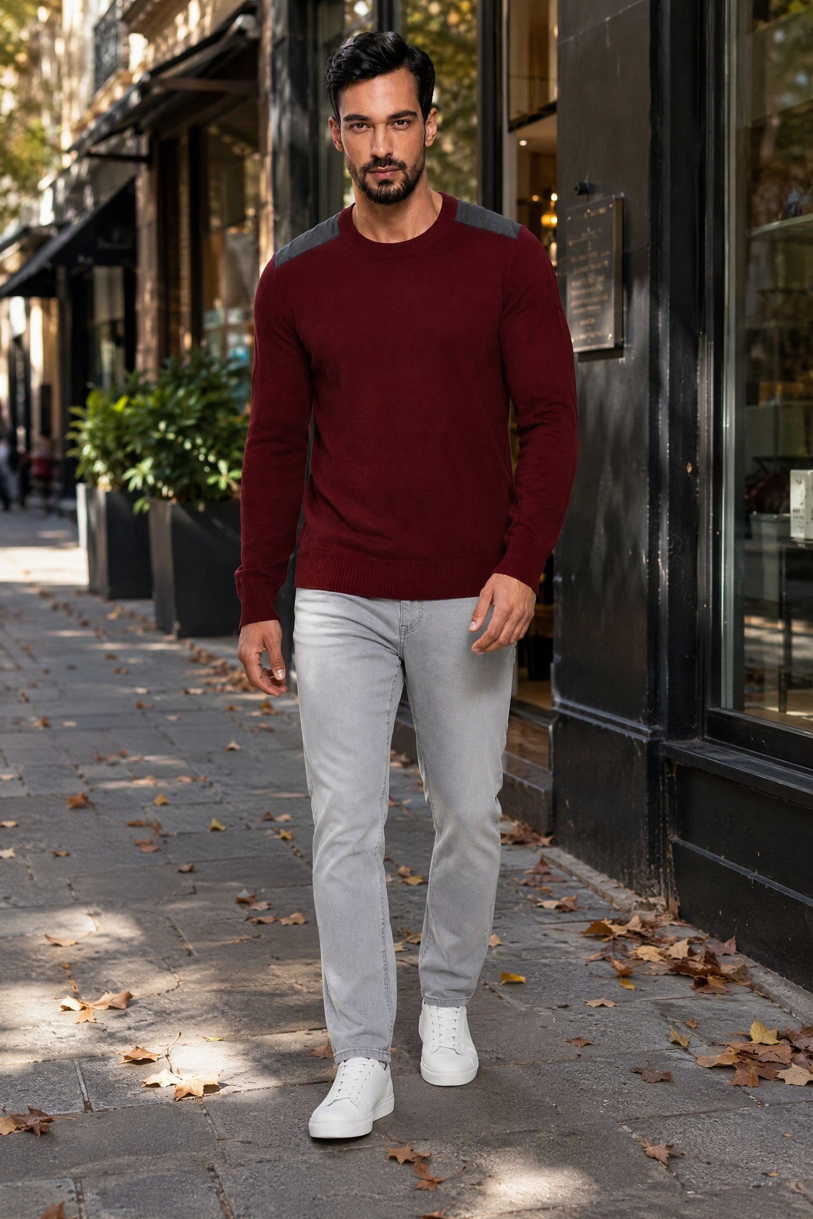Men Crew Neck Knitted Sweater, Dark Maroon