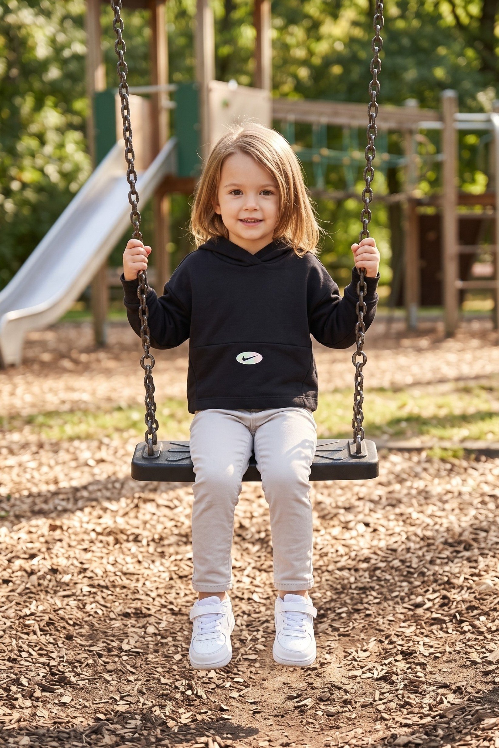 Toddler Girls Brand Logo Full Sleeve Hoodie, Black