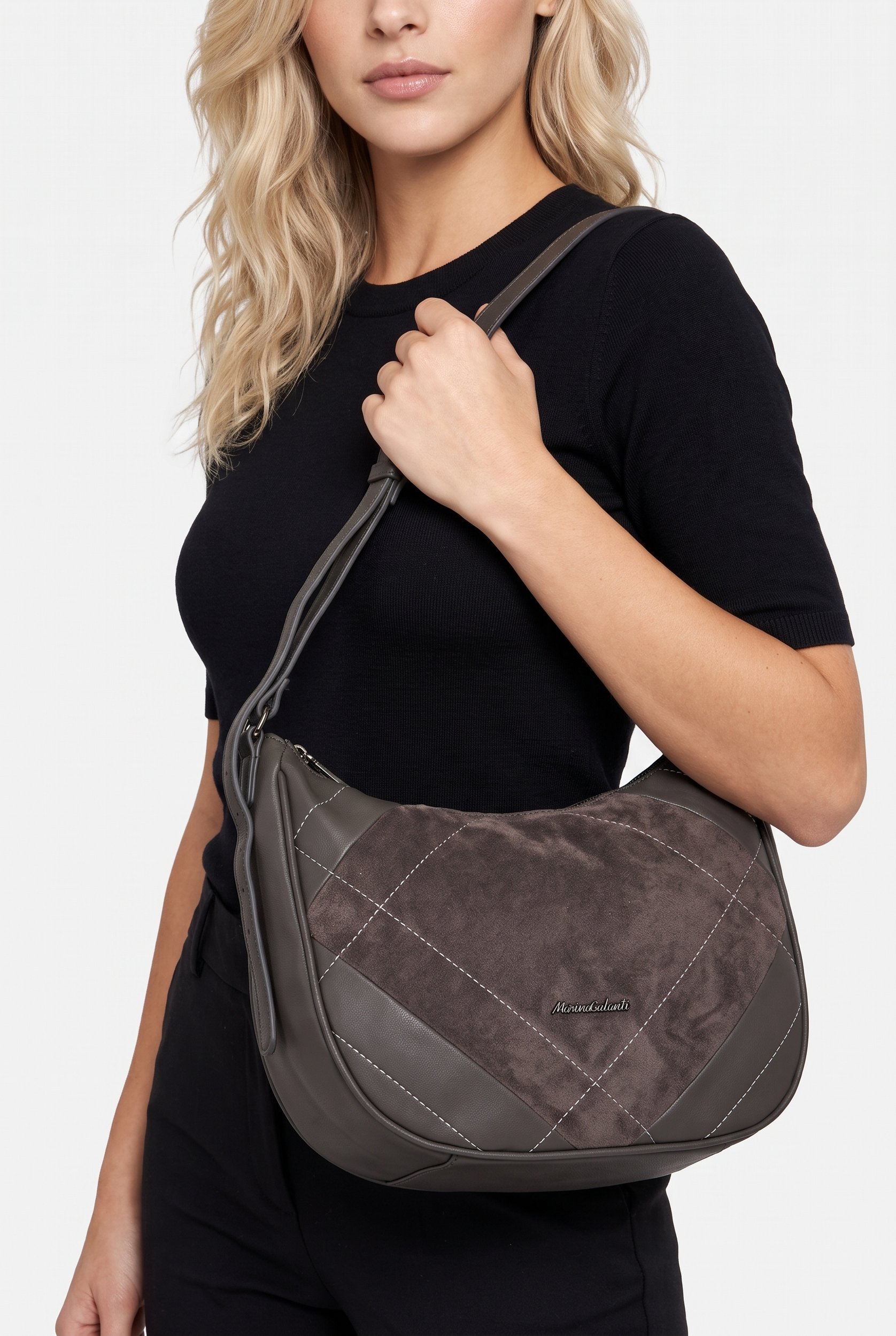 Women Brand Logo Shoulder Bag, Grey