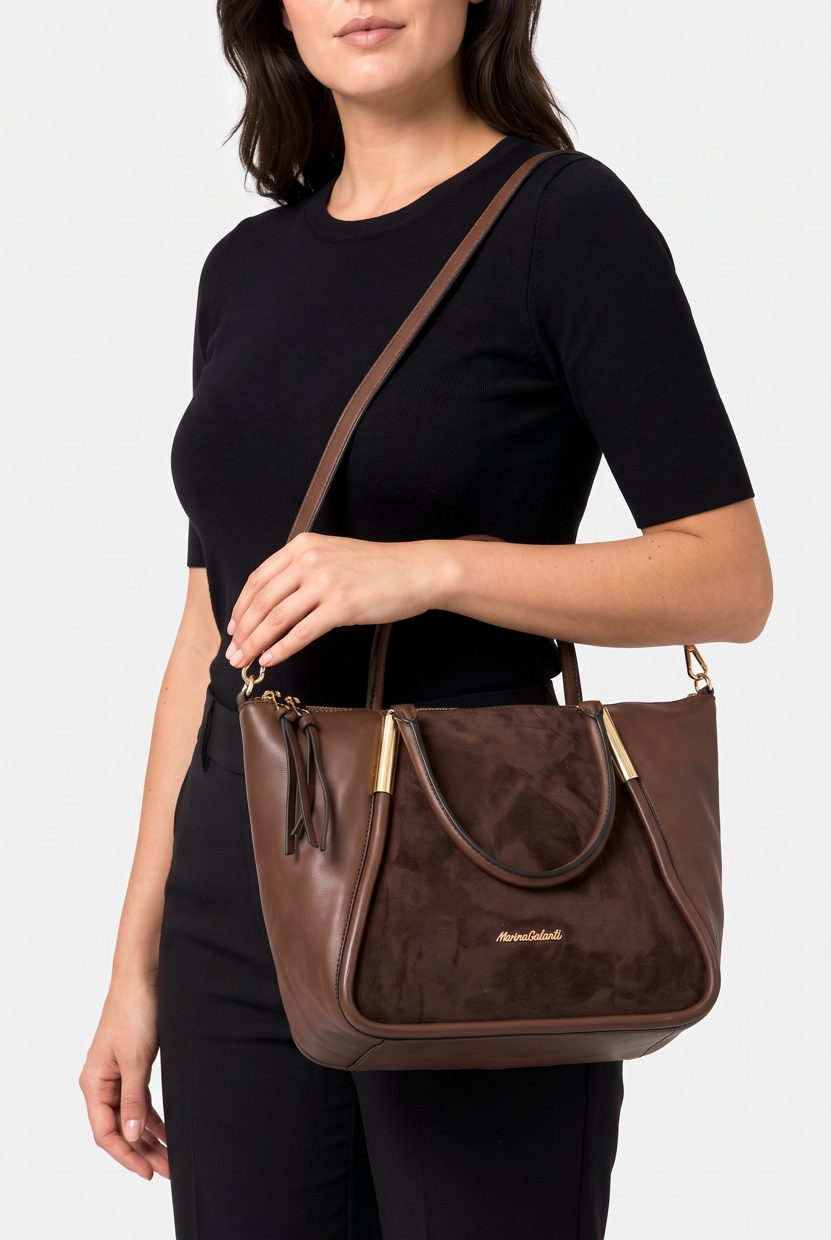 Women Brand Logo Handbag, Dark Brown