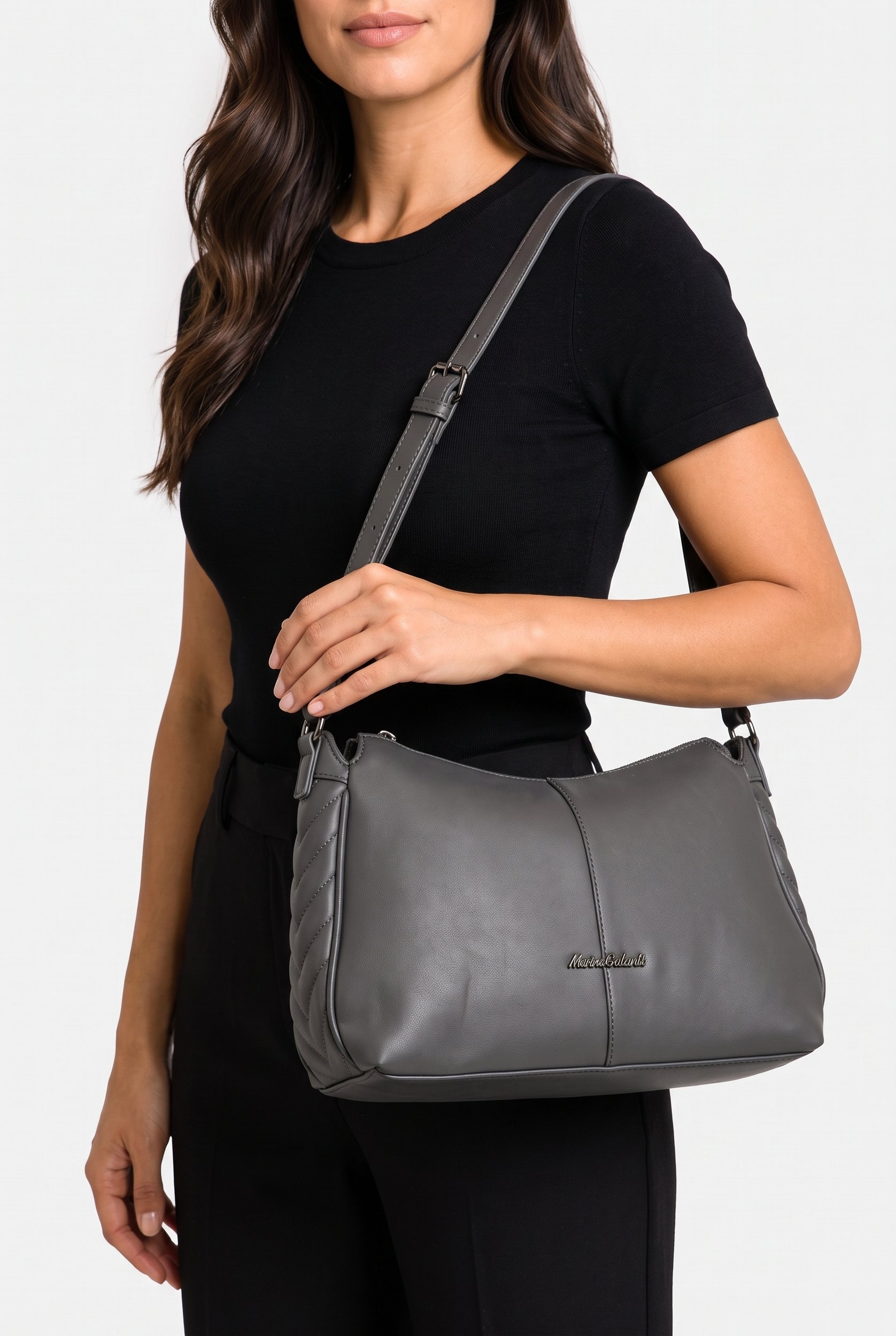 Women Brand Logo Shoulder Bag, Grey
