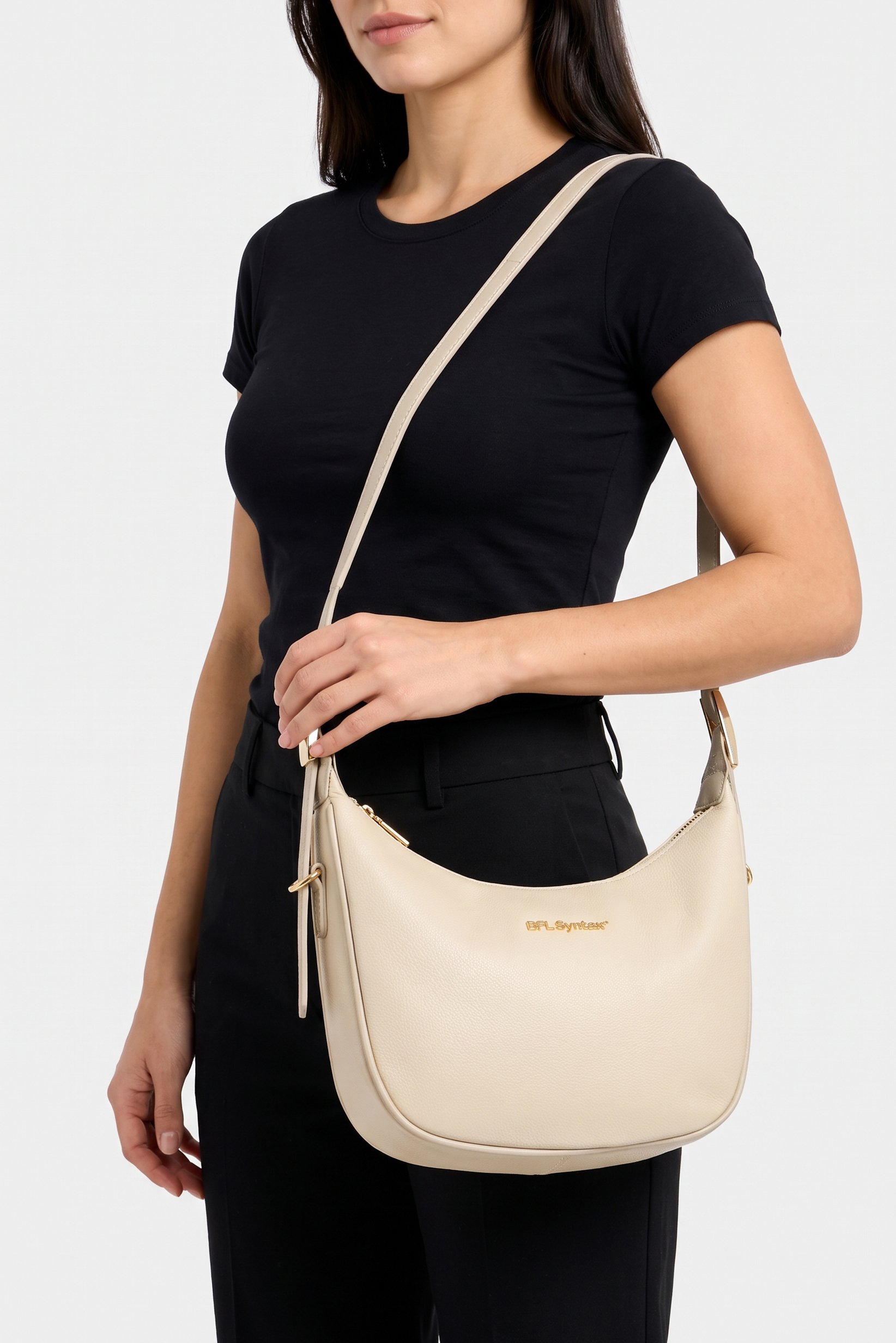 Women Brand Logo Shoulder Bag, Beige